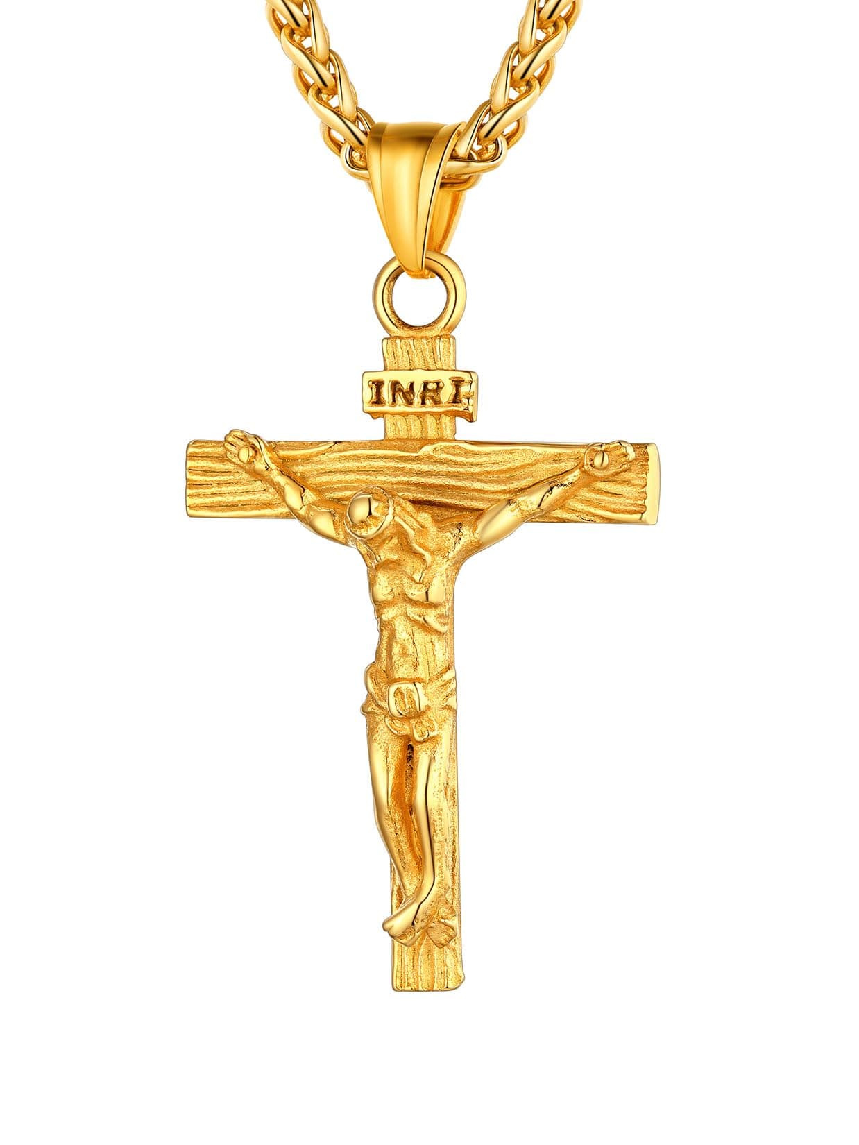 Antique U7 Men's Crucifix Necklace, 18K Gold Tone & Stainless Steel, 22" Chain, Gift Packed