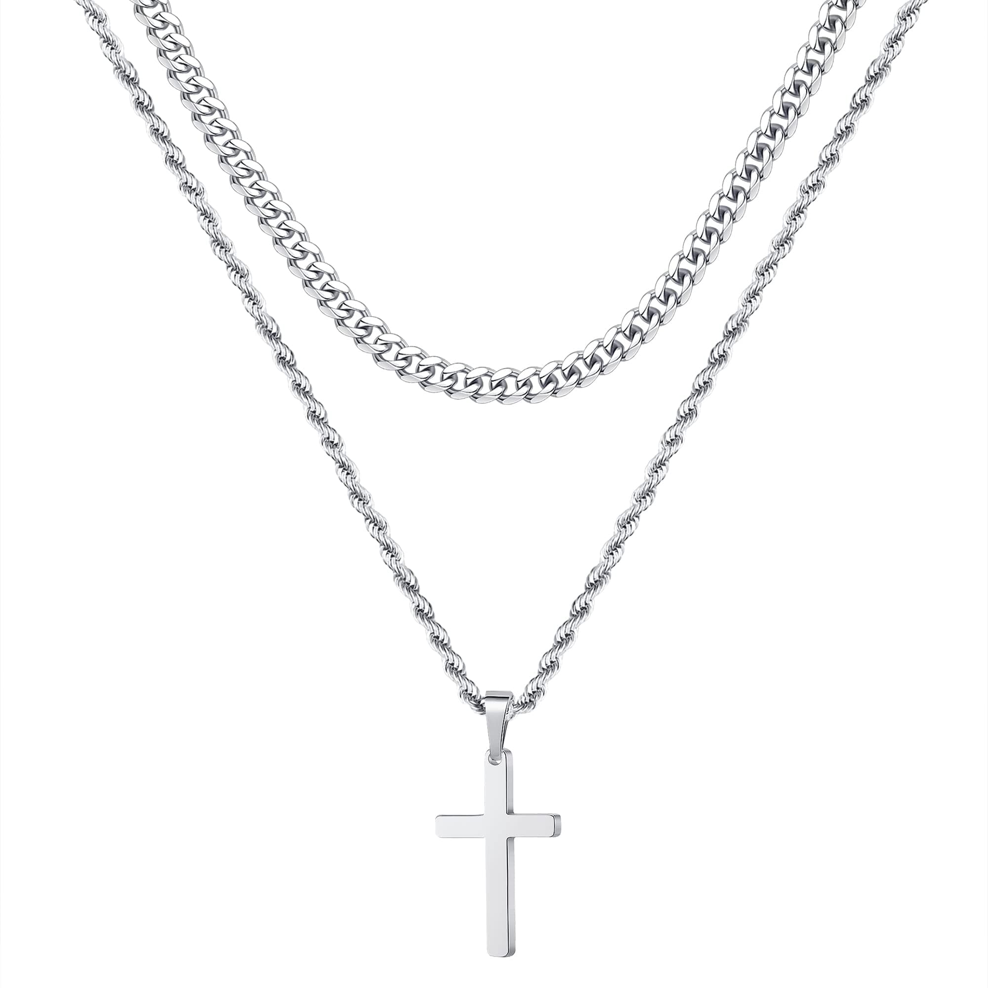 Layered Cross Necklace for Men - 18K Gold Silver Black Stainless Steel Cross Chain