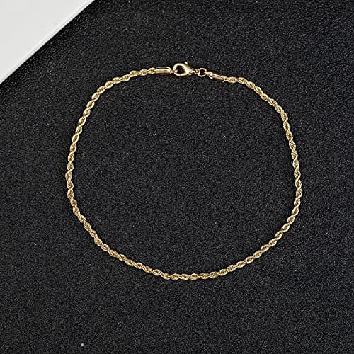 Kelistom 18K Gold Plated Rope Chain Anklet, 3mm SS Bracelet, 9-11 inches
