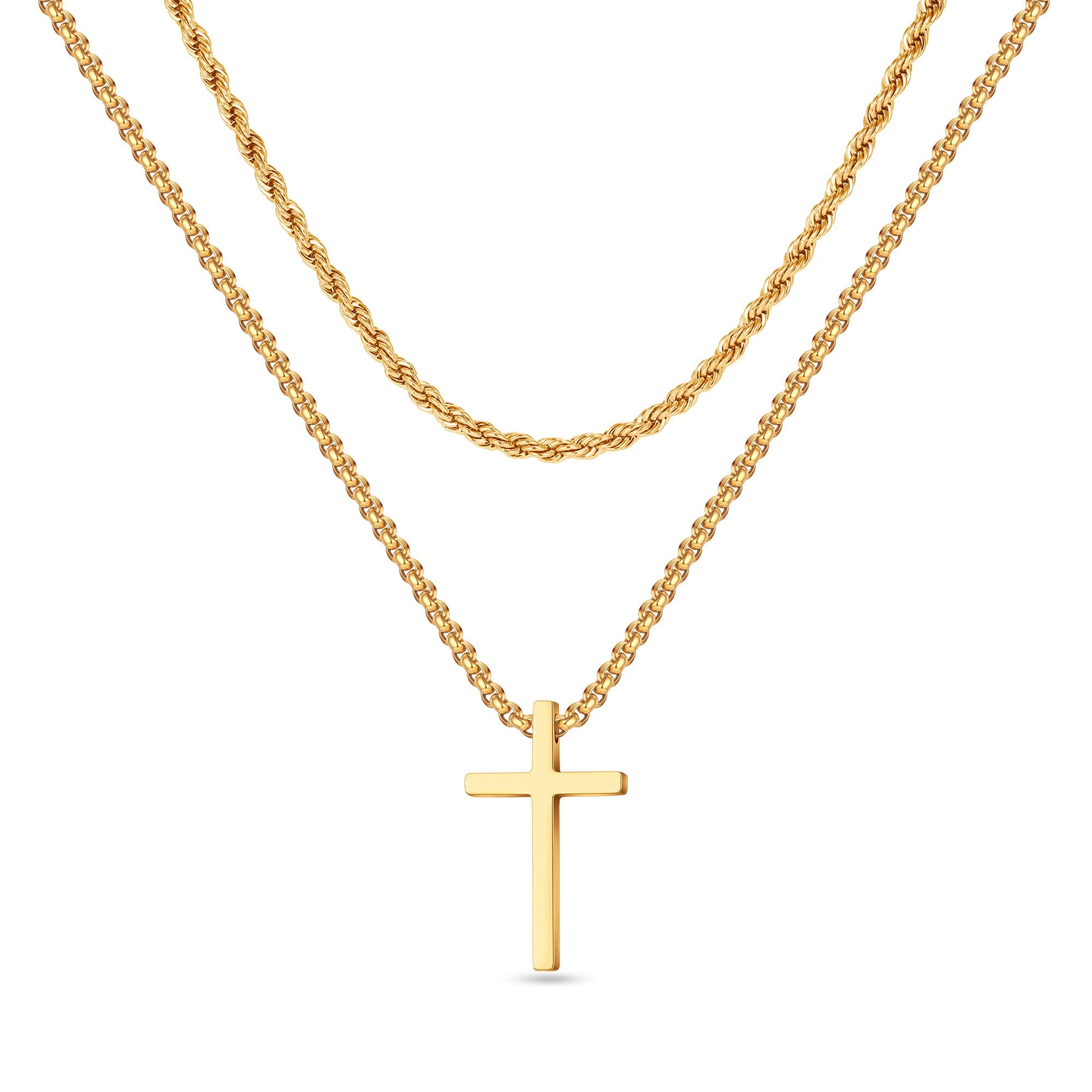 EnglishIVER Men's Gold Silver Black Stainless Steel Cross Necklace with Layered Rope Chain 16-24 Inch