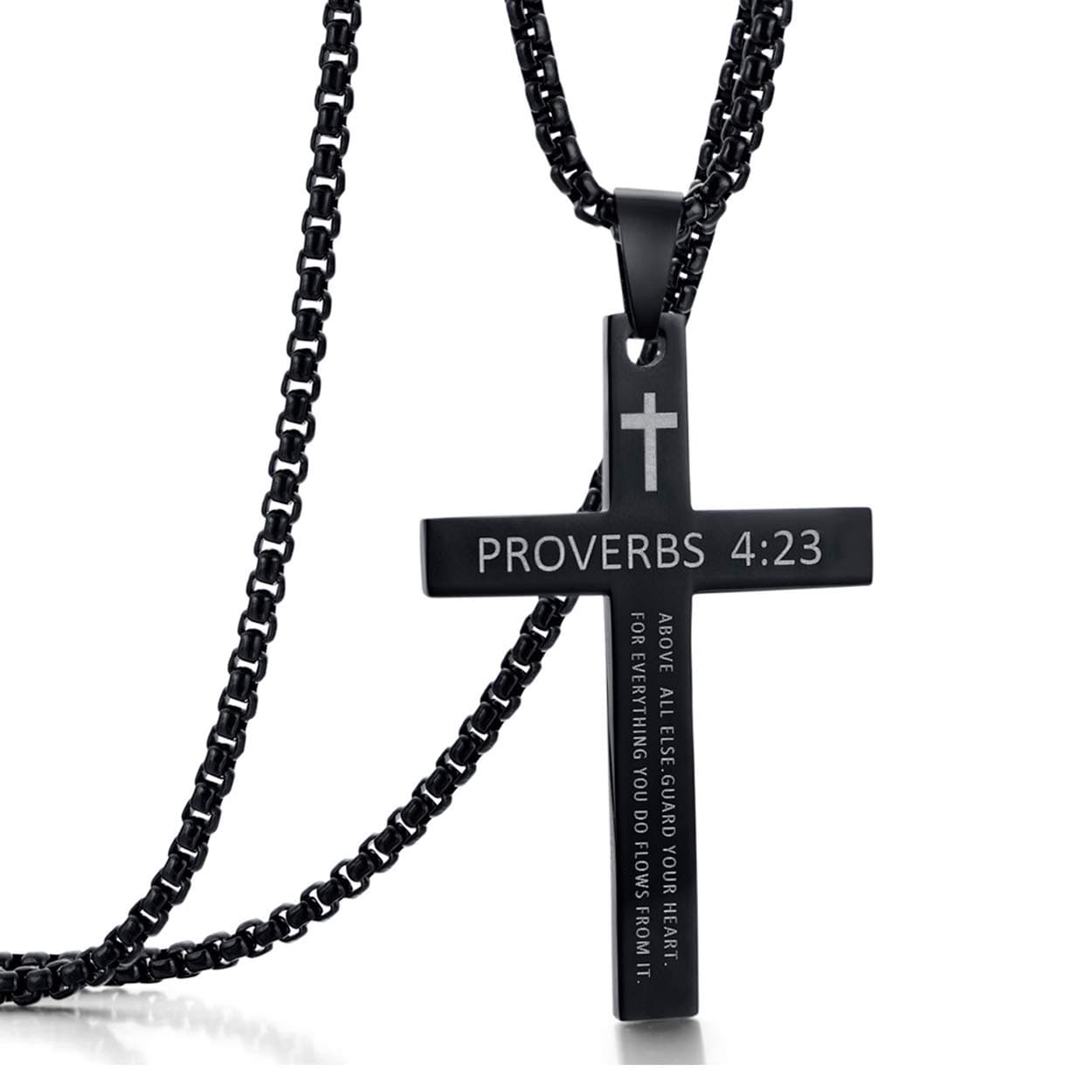 Stainless Steel Cross Pendant Necklaces with Proverbs 4:23 for Men or Women (24 Inch Chain)