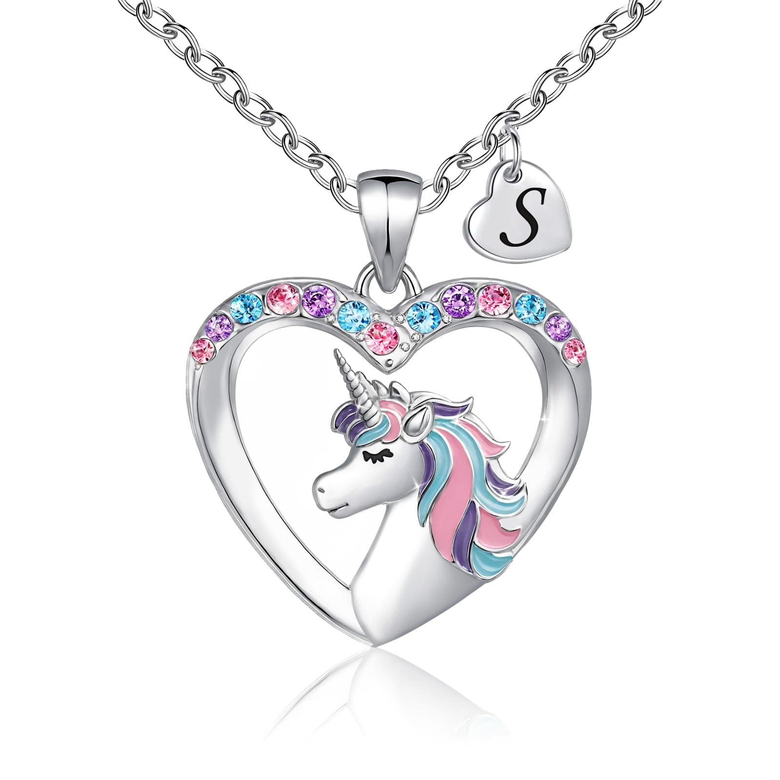 Silver Heart Unicorn Necklace with Initial CZ - Gift for Girls, Teen, andKids