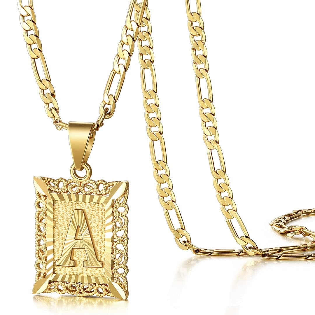 KissYan Initial Letter Pendant Necklace, 14K Gold Plated Square Monogram Figaro Chain Jewelry A-Z
