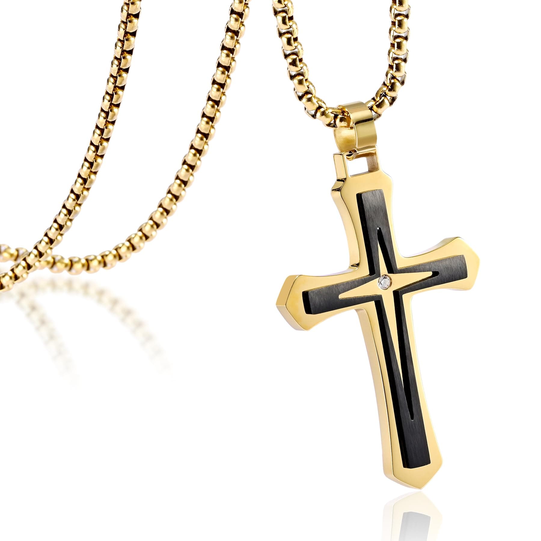 MOOSKI Mens Silver/Gold/Black Cross Necklace, 3mm Chain, Stainless Steel Pendant, Rolo Chain 22-24 Inch
