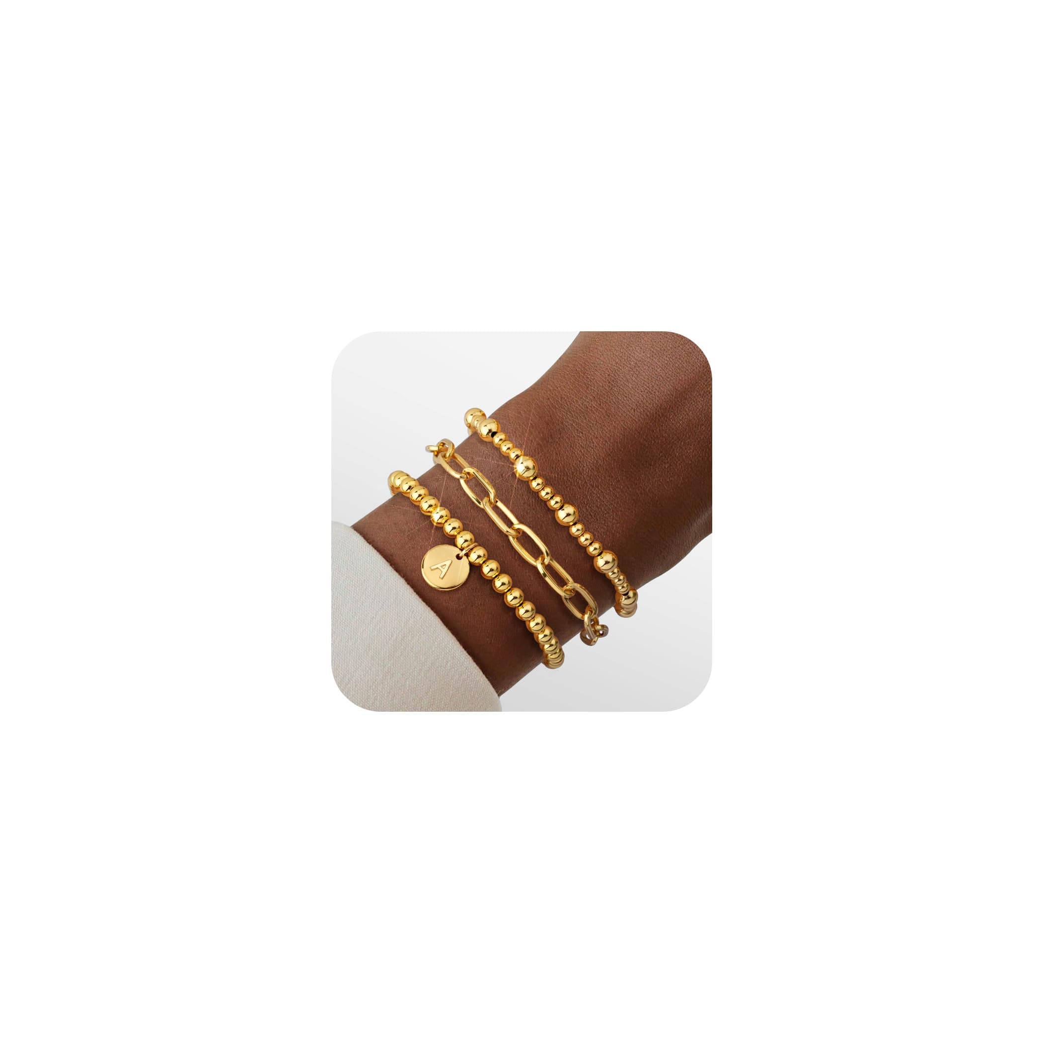 Wowshow 14K Gold Plated Strand Beaded Initial Bracelet Set for Women