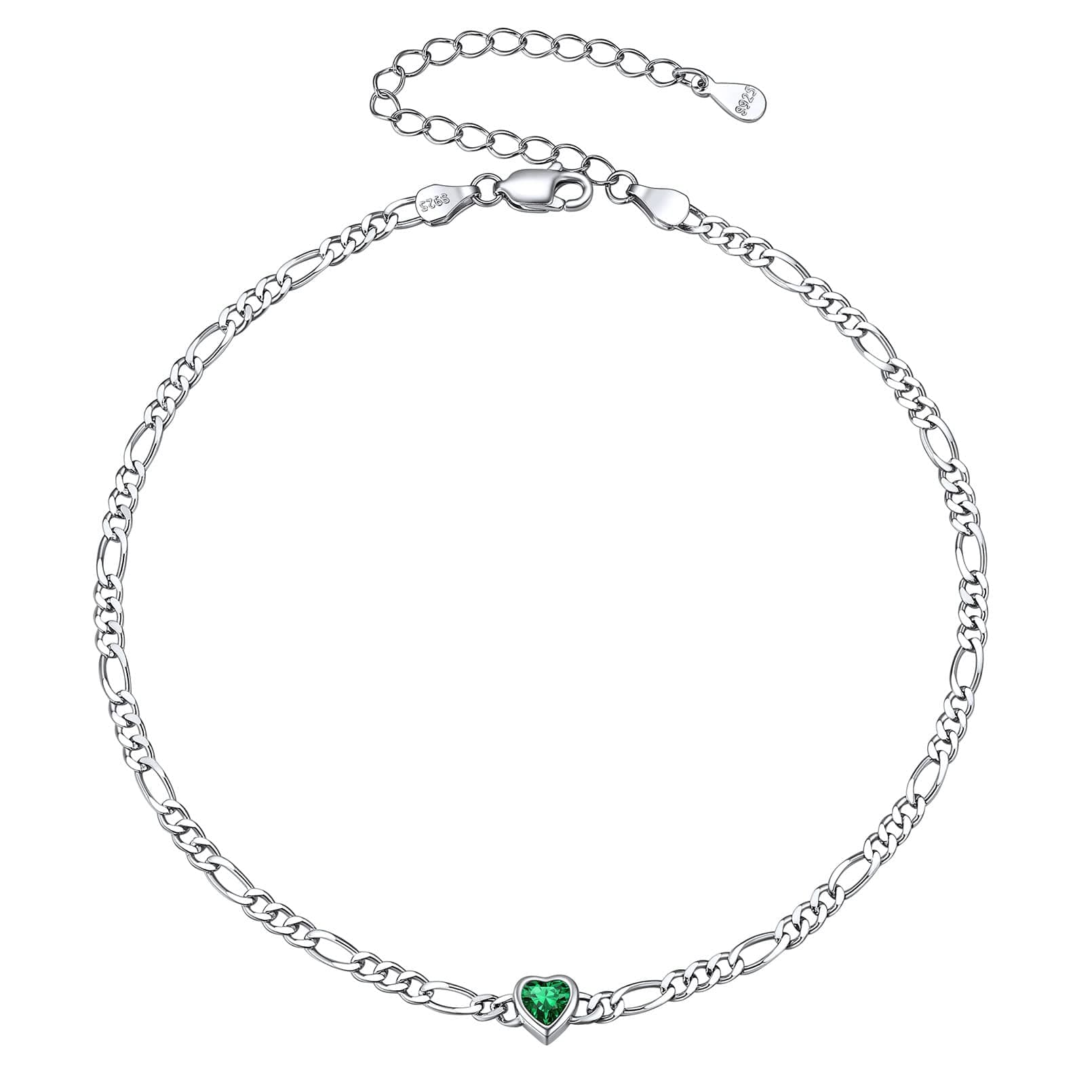 Chic Silver 925 Sterling Heart Birthstone Figaro Anklet for Women (with Gift Box)
