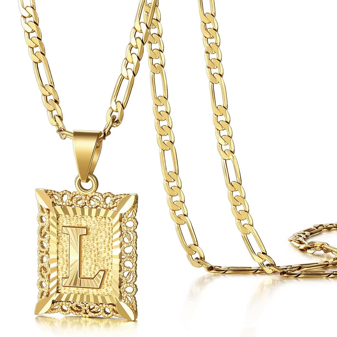 KissYan 14K Gold Plated Square Monogram Necklace A-Z Figaro Chain