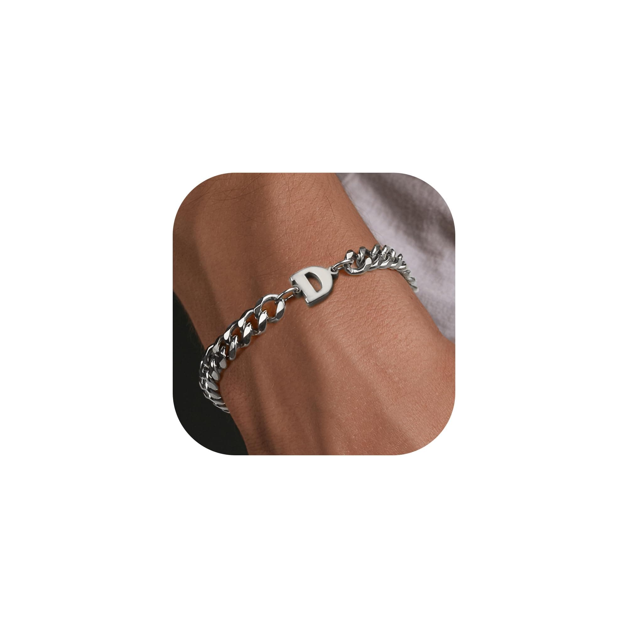 Stainless Steel Initial Bracelet for Men - Dainty Silver Cuban Link