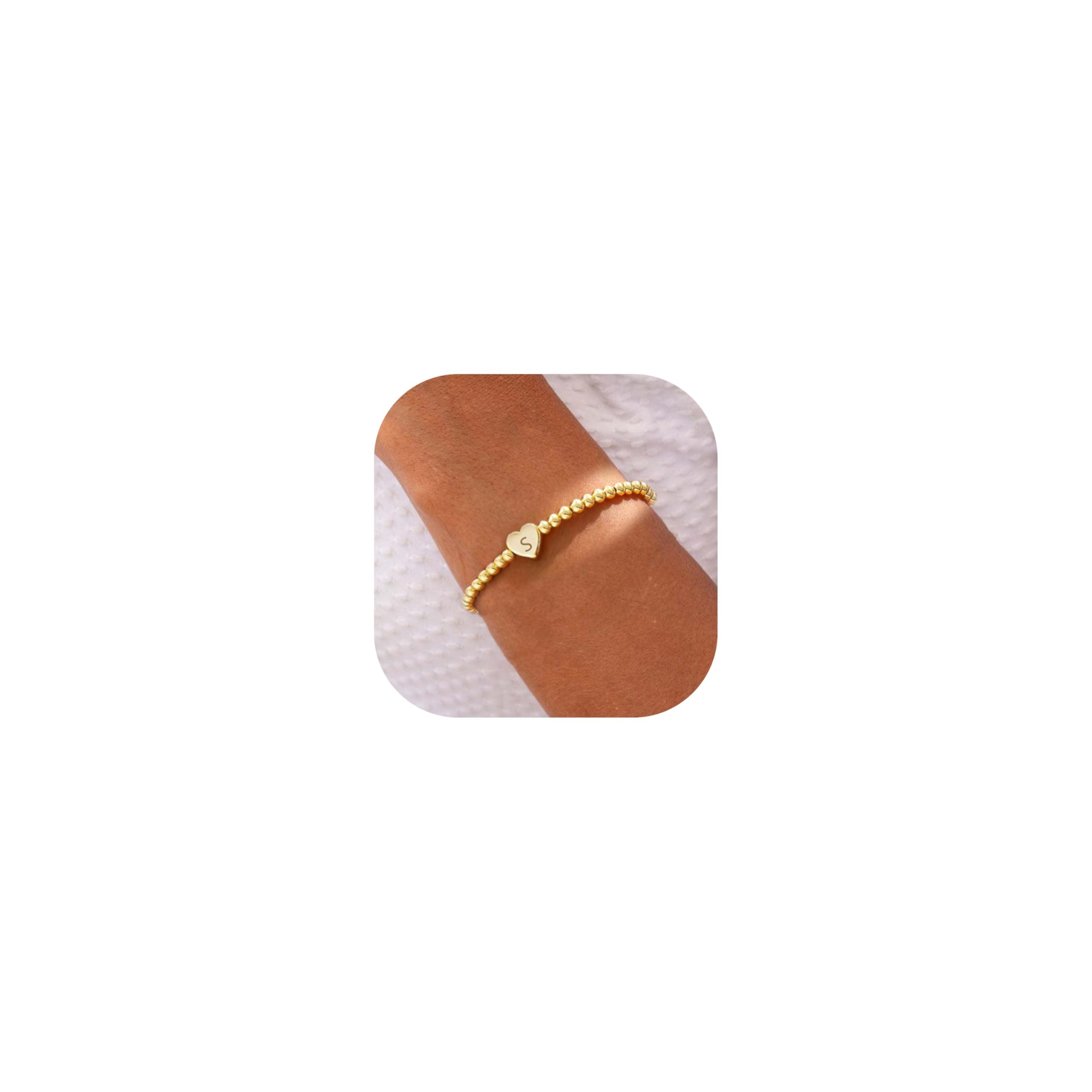 Thaivor Women's Dainty Heart Initial Charm Stretch Beaded Bracelet