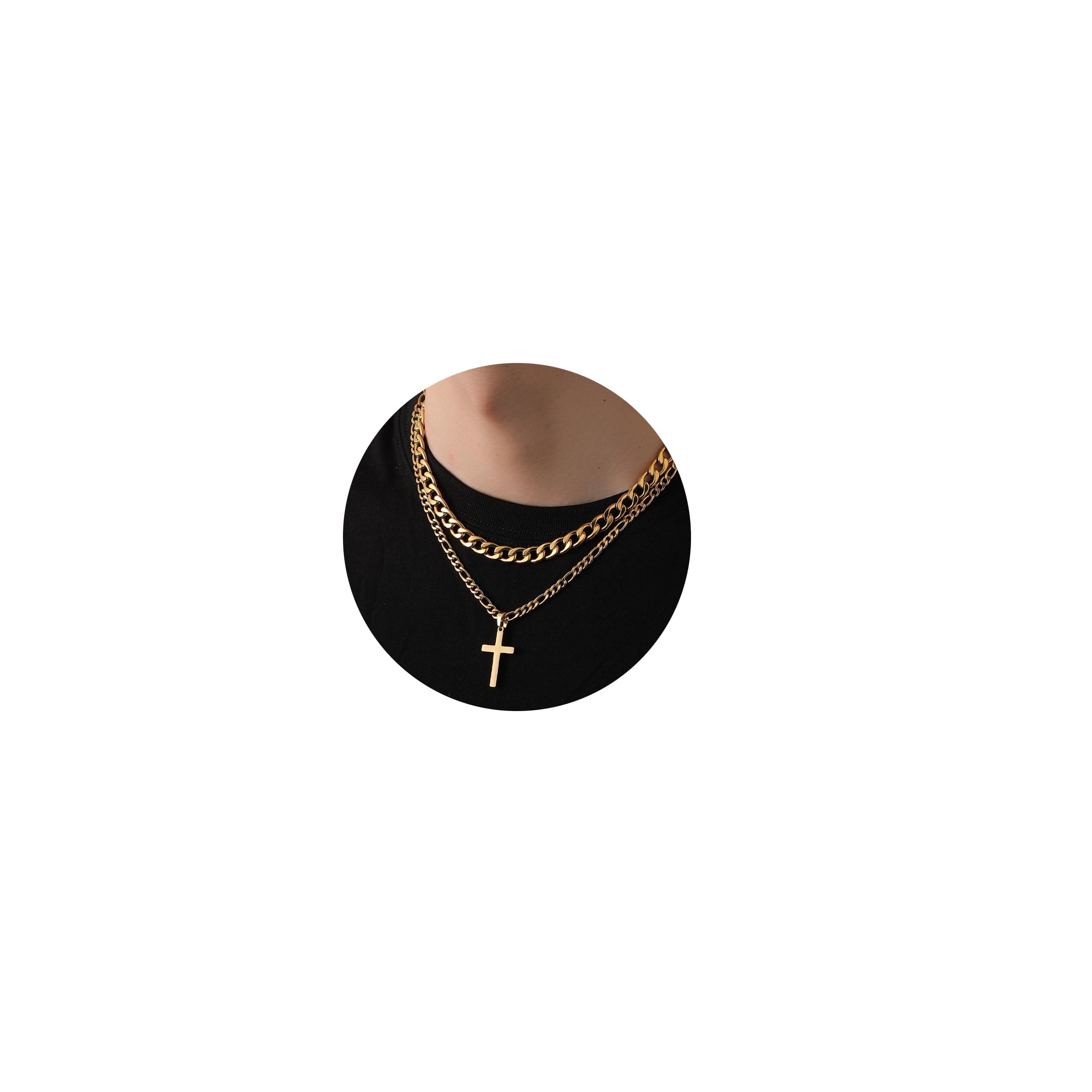 Men's Stainless Steel Layered Cross Pendant Necklace Cuban/Figaro Chains Christmas Jewelry