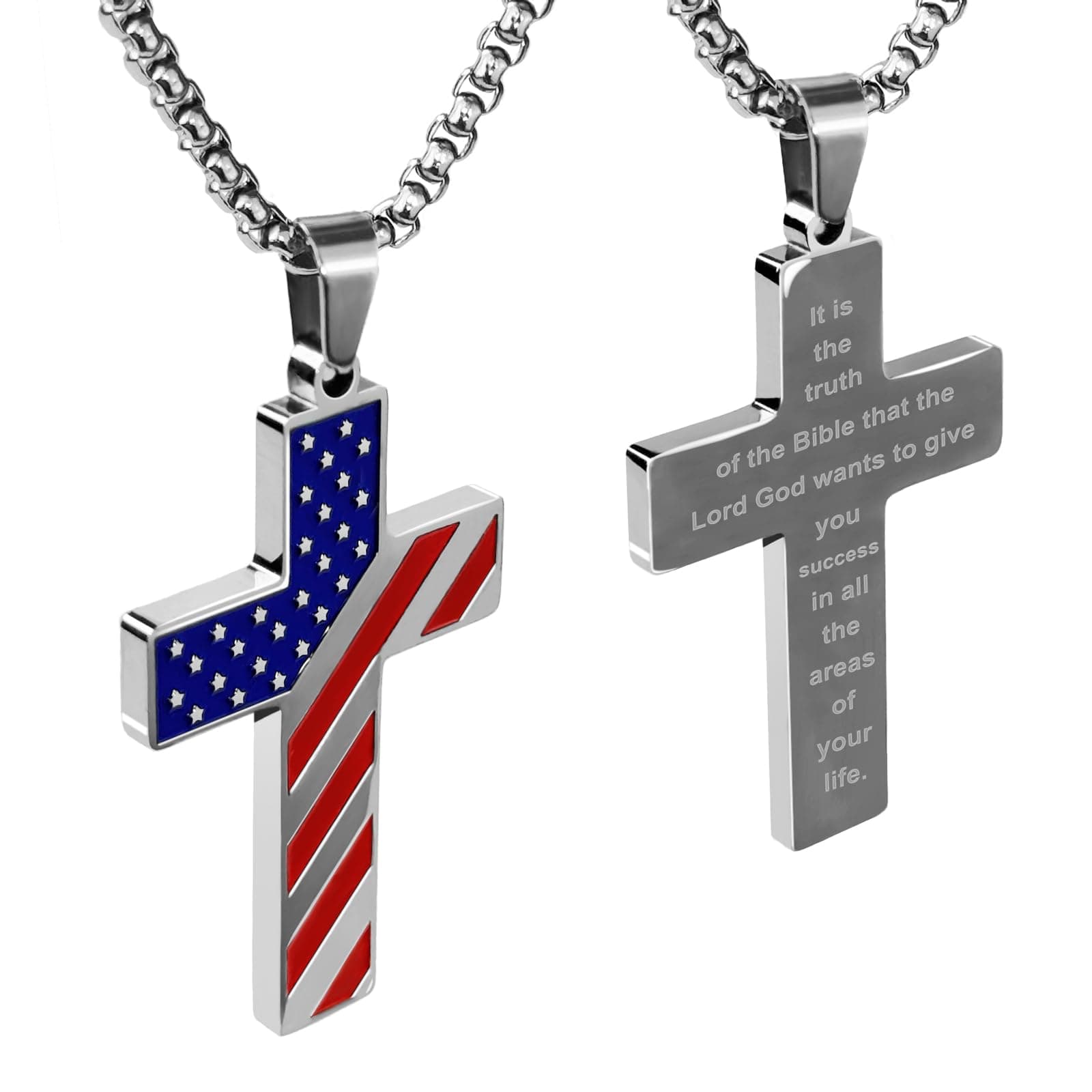 Ironkoi Men's 18+2 Inch Stainless Steel American Flag Cross Necklace with Bible Verse - Christian Gift