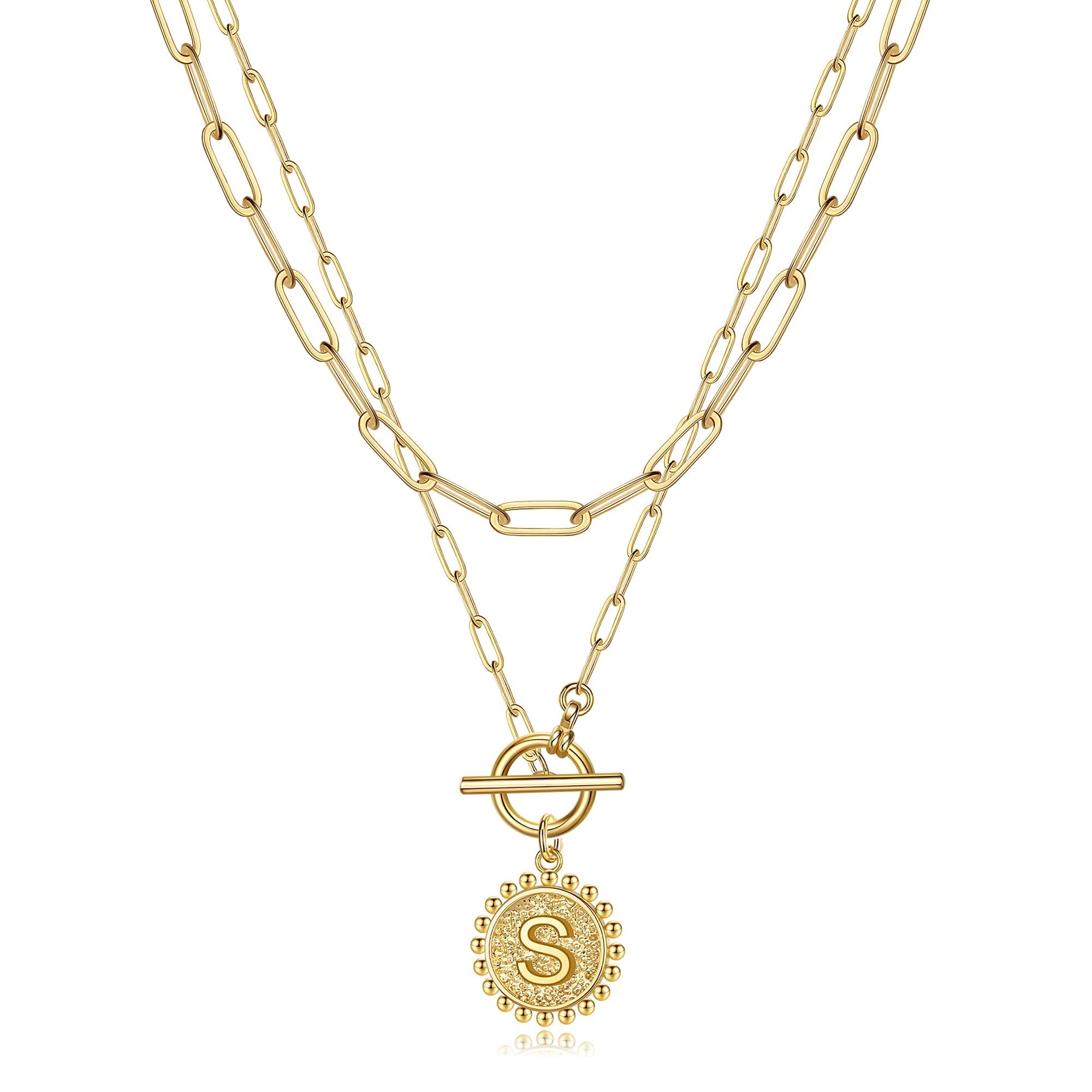 Turandoss Gold Plated Layered Necklace for Women Coin Initial Pendant
