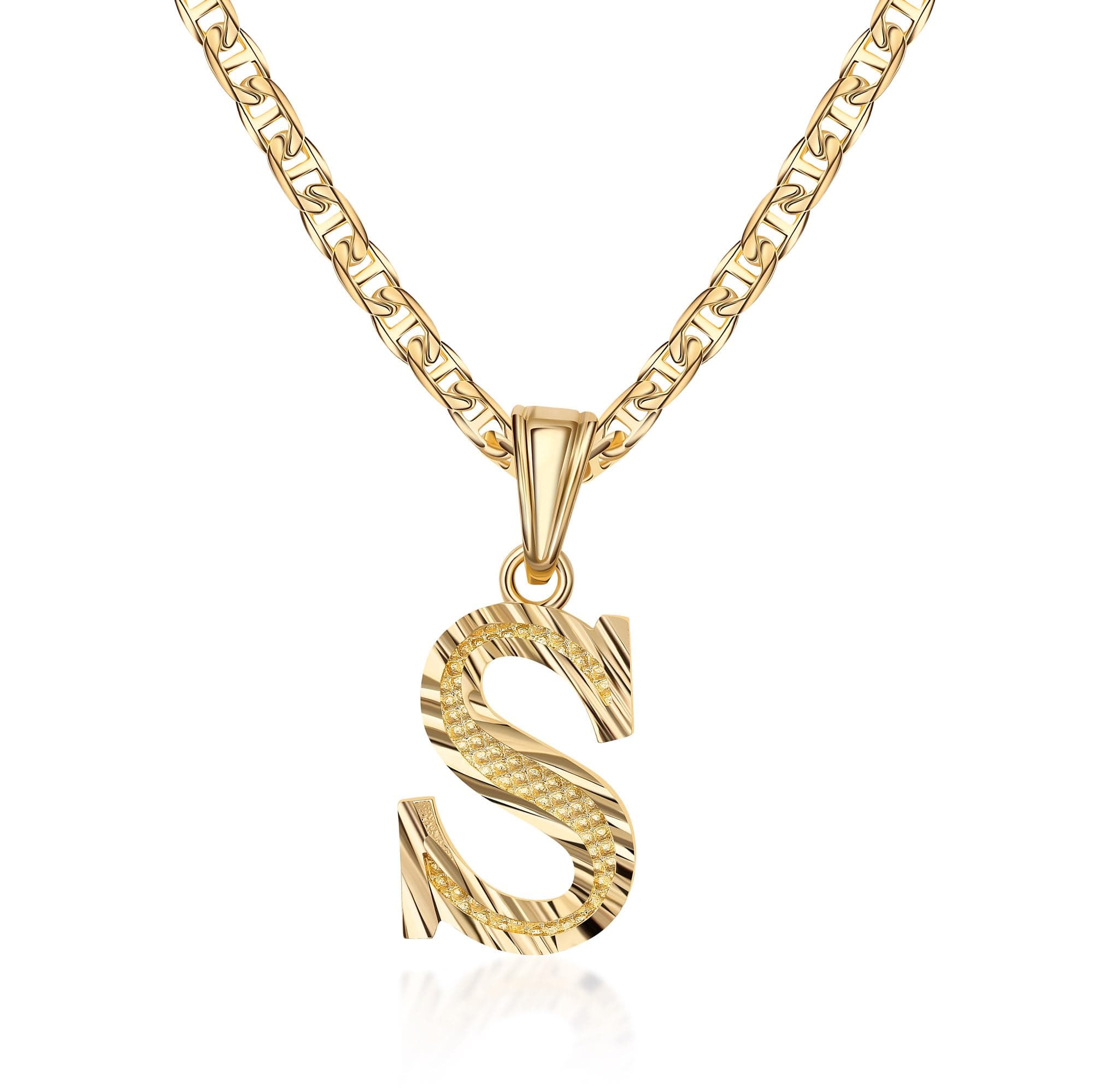 Barzel 18K Gold Plated Diamond Cut Initial Necklace, 18" Chain + 2" Ext, Made in Brazil