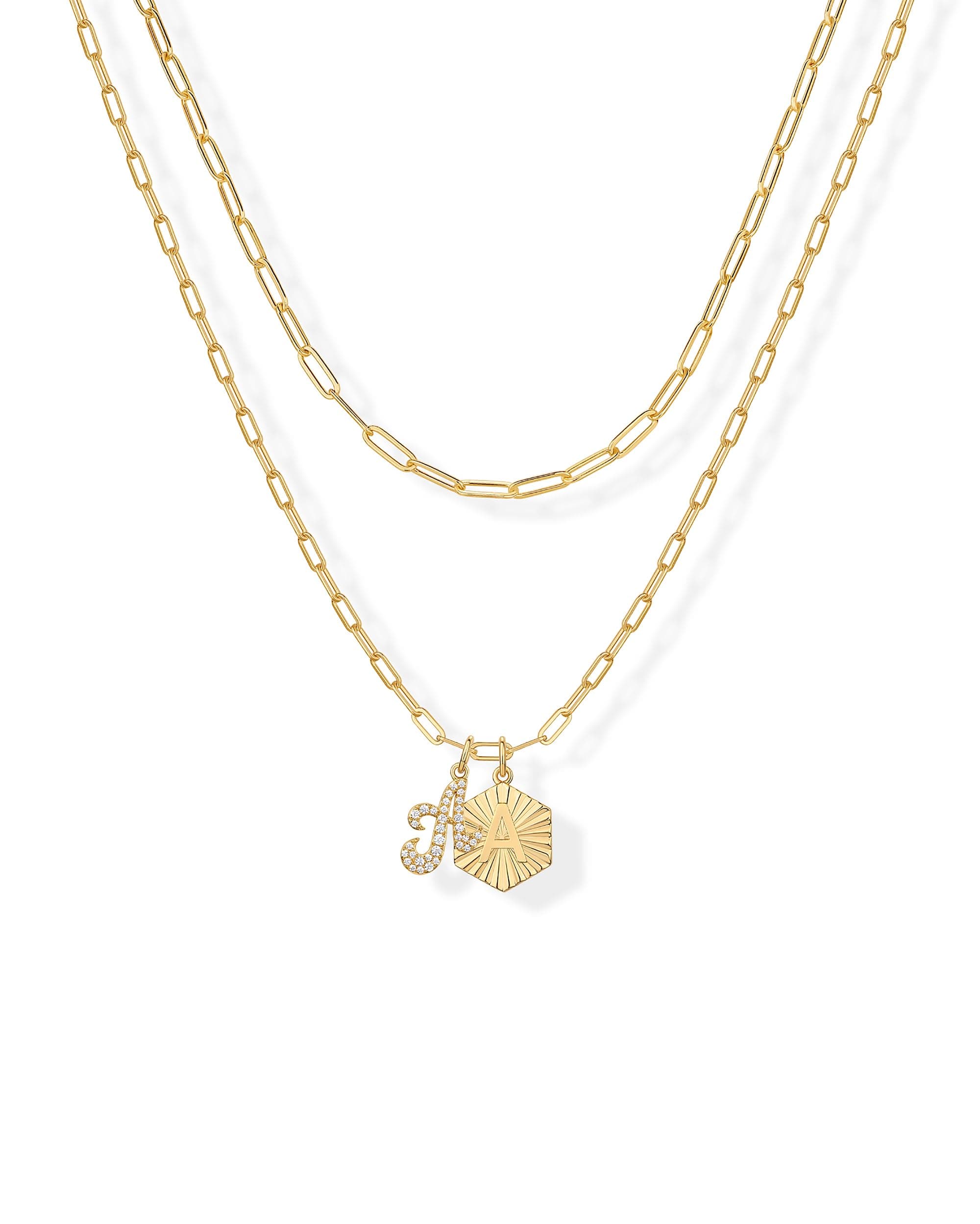 PavoI 14K Gold Plated Hexagon Initial Pendant Layered Necklace for Women | Paperclip Chain