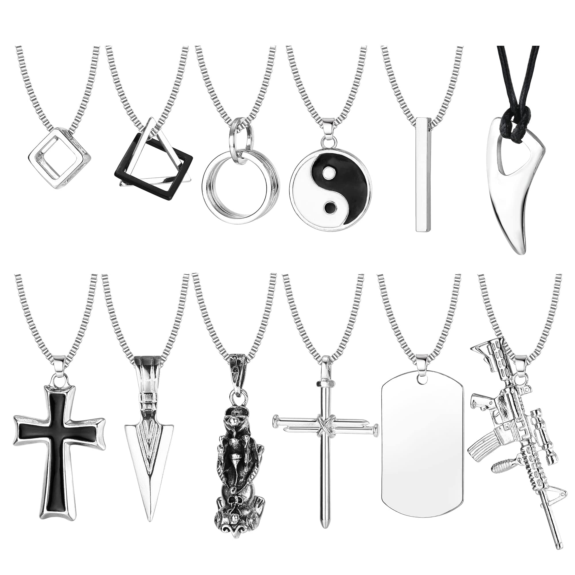 FIASASO Black & Silver Tone Men's Gothic Cross Pendant Necklace Set