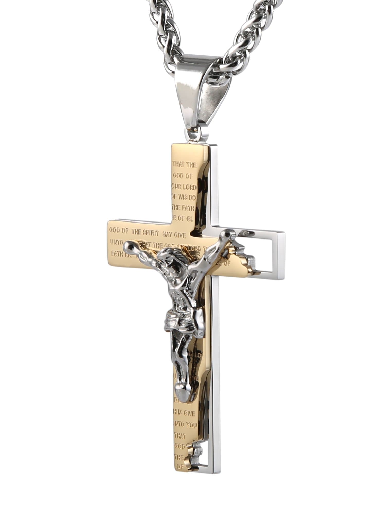 HZMAN Men's Stainless Steel Cross Crucifix Prayer Pendant Necklace 22+2" Chain