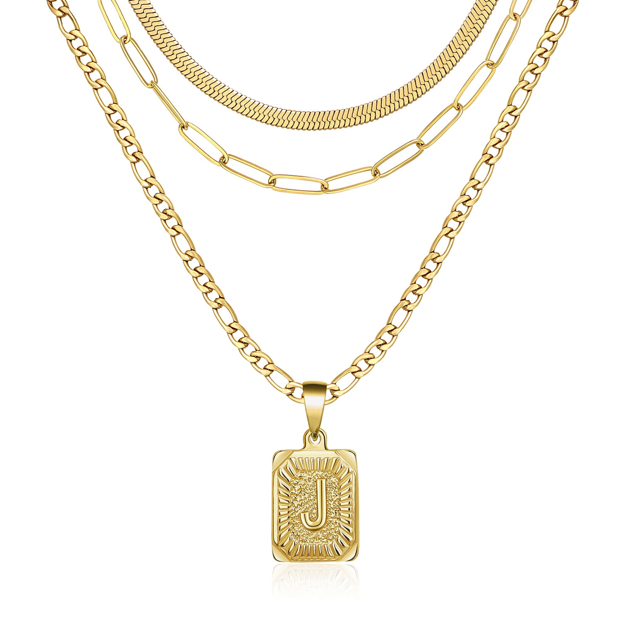 Memgift Gold Layered Necklace Set for Women 3pcs Square Pendant Jewelry Gifts