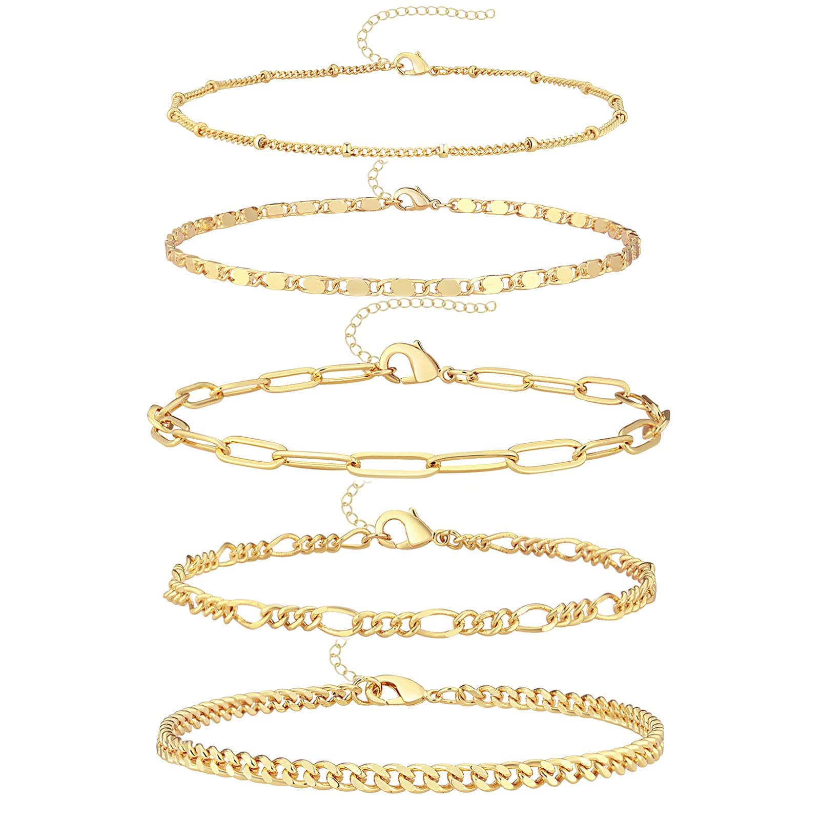 Gokeey 14k Gold Anklet Set for Women - Waterproof Cuban Figaro Chain Jewelry - Adjustable Size - Ideal Gift