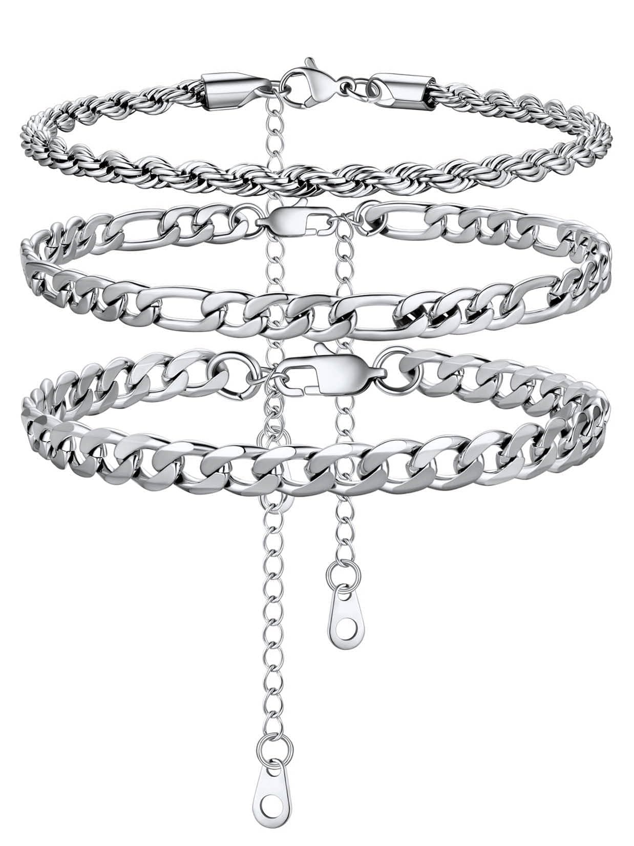 Stainless Steel Cuban Link Anklet Sets for Women, Adjustable 8.5"-10.5"