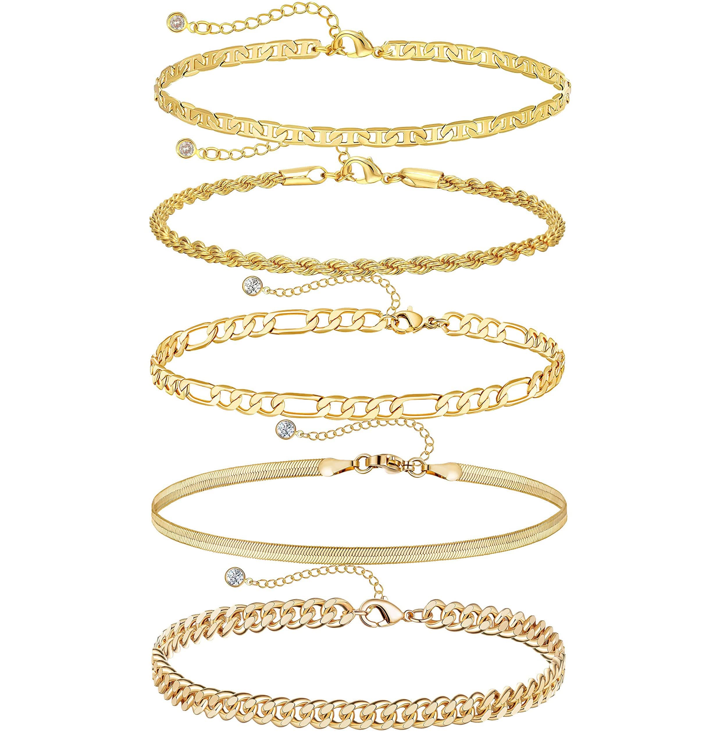 DEARMAY 14K Gold Plated Dainty Ankle Bracelets Set - Waterproof Herringbone Cuban Chain Pack