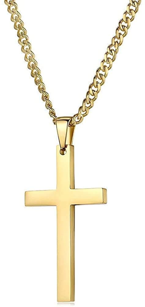 Miami Cuban Link Diamond Cut 18K Gold Chain Cross Pendant Necklace