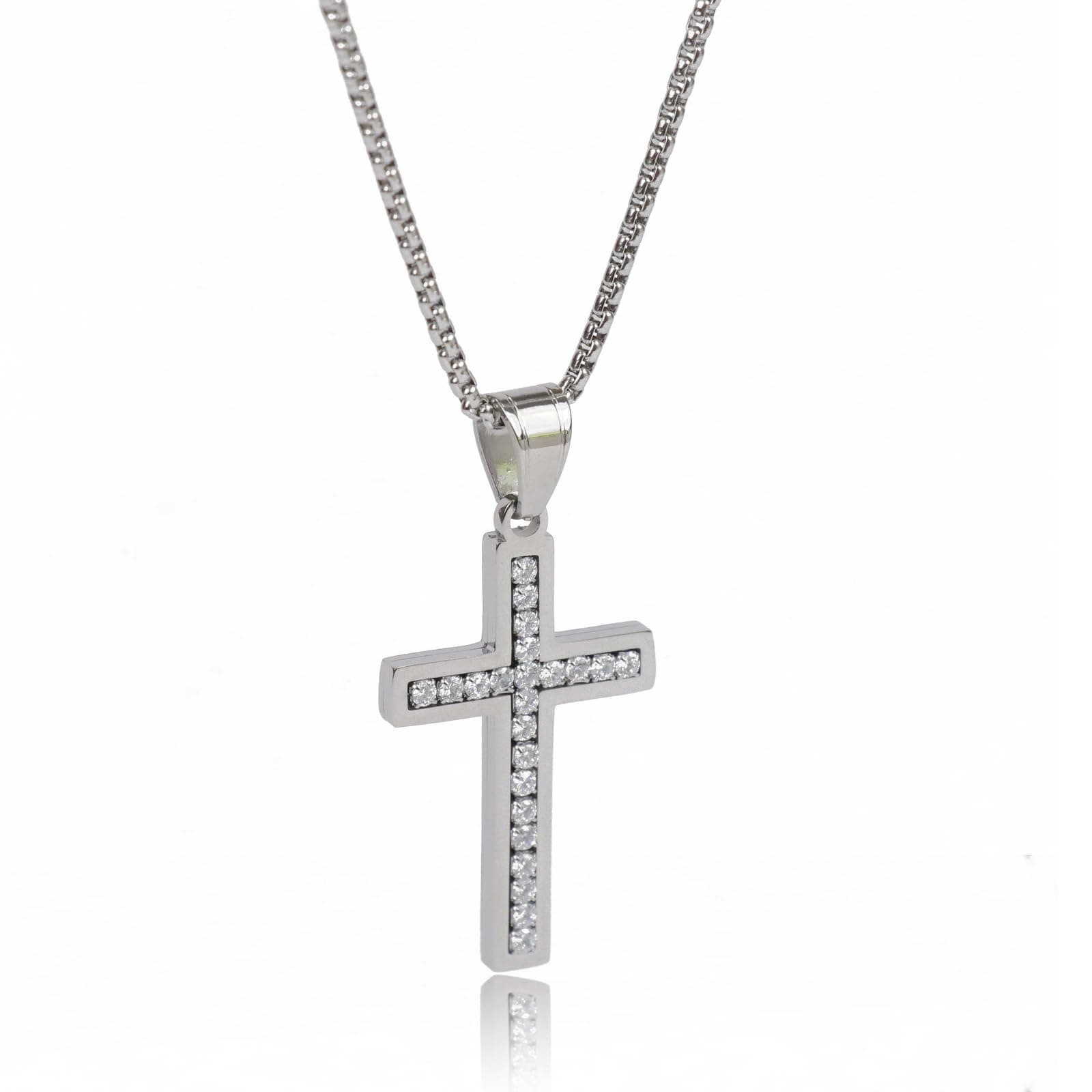 VI-FA Men's Cross Necklace with Pave CZ Pendant & 22-Inch Box Chain