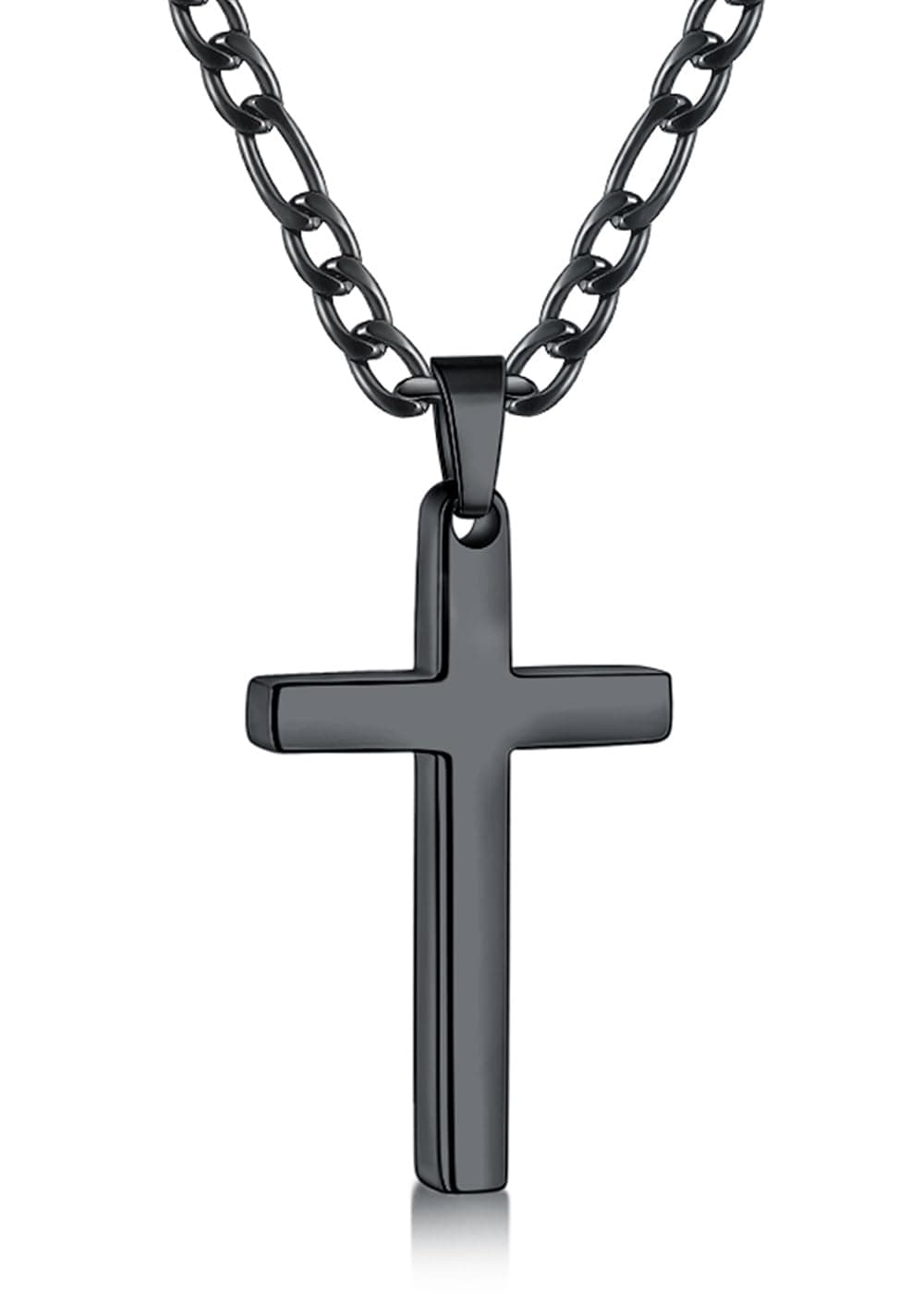 Fiusem Men's Stainless Steel Black Cross Necklace, 3.5mm Figaro Chain 16-24 Inches