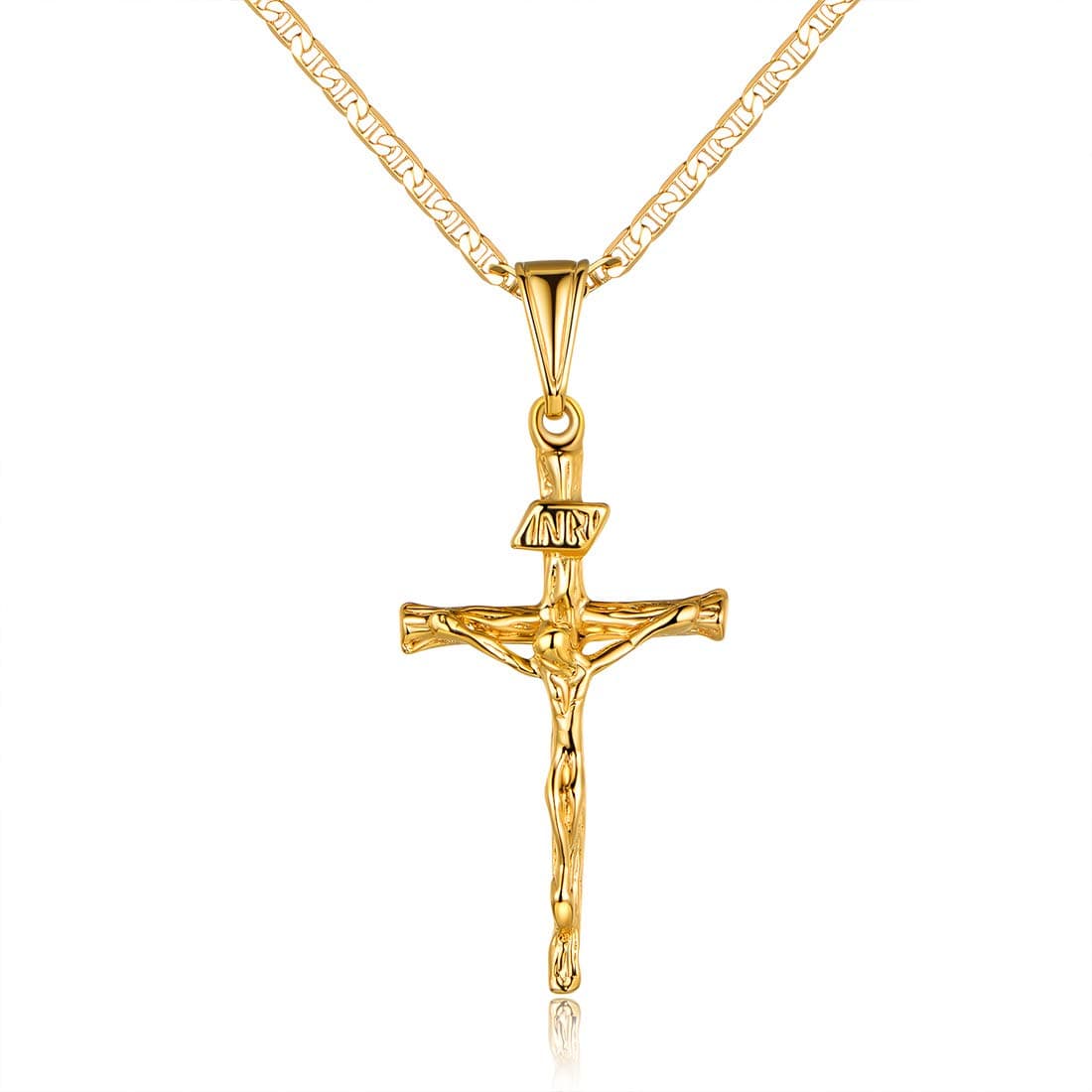 Barzel Cross Necklace 18K Gold Plated Flat Chain for Men & Women