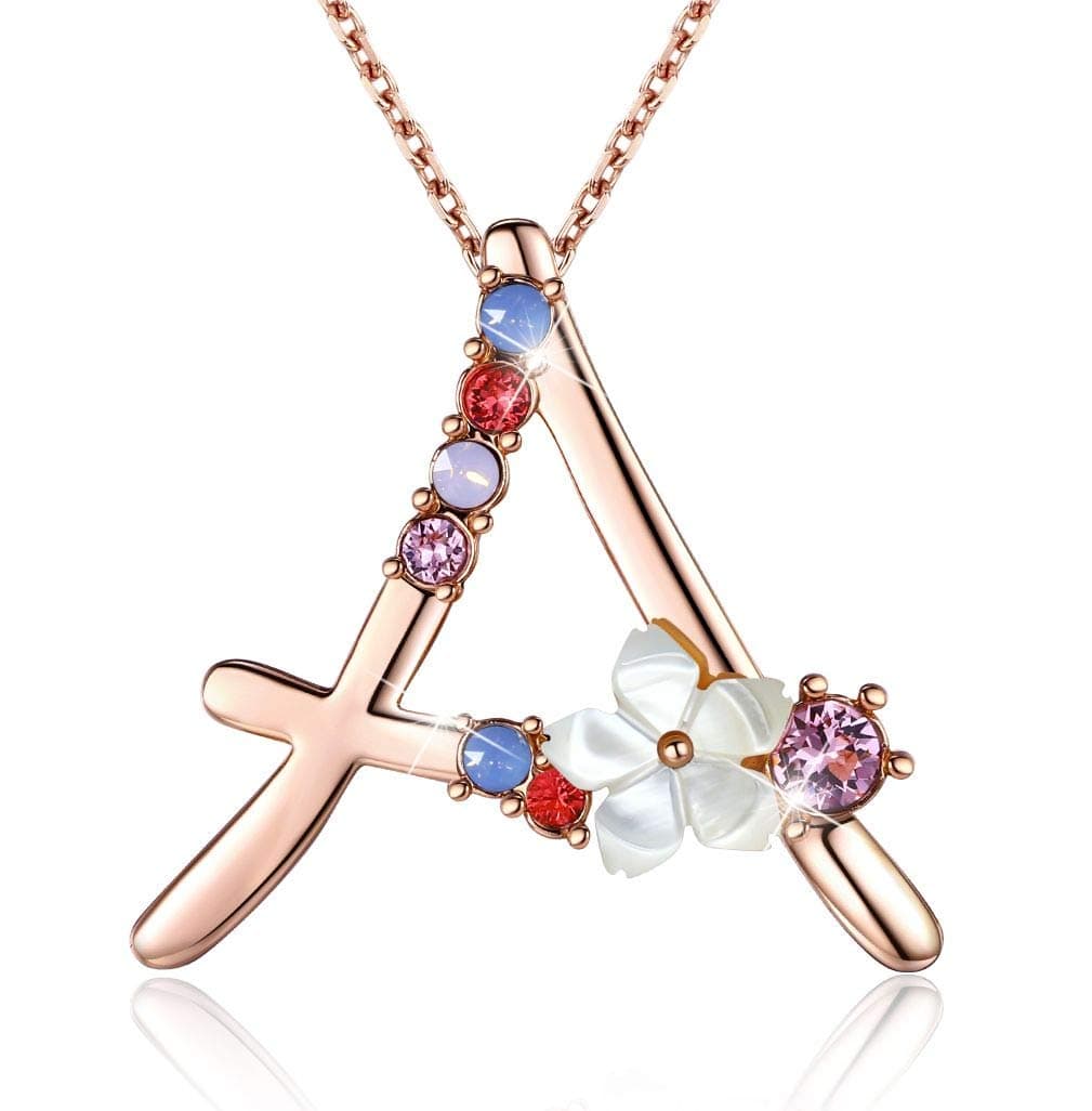 GEMMANCE Pink Red Blue Simulated Pearl Pendant Initial Letter Necklace Rose Gold Plated Anniversary Gifts for Women