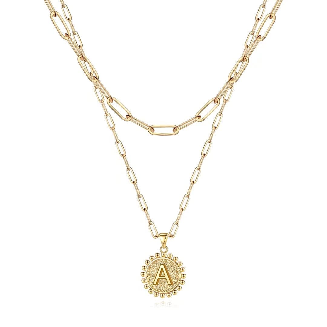 Layered Initial Necklaces for Women - Gold Plated Dainty Chain Necklace with Coin Pendant