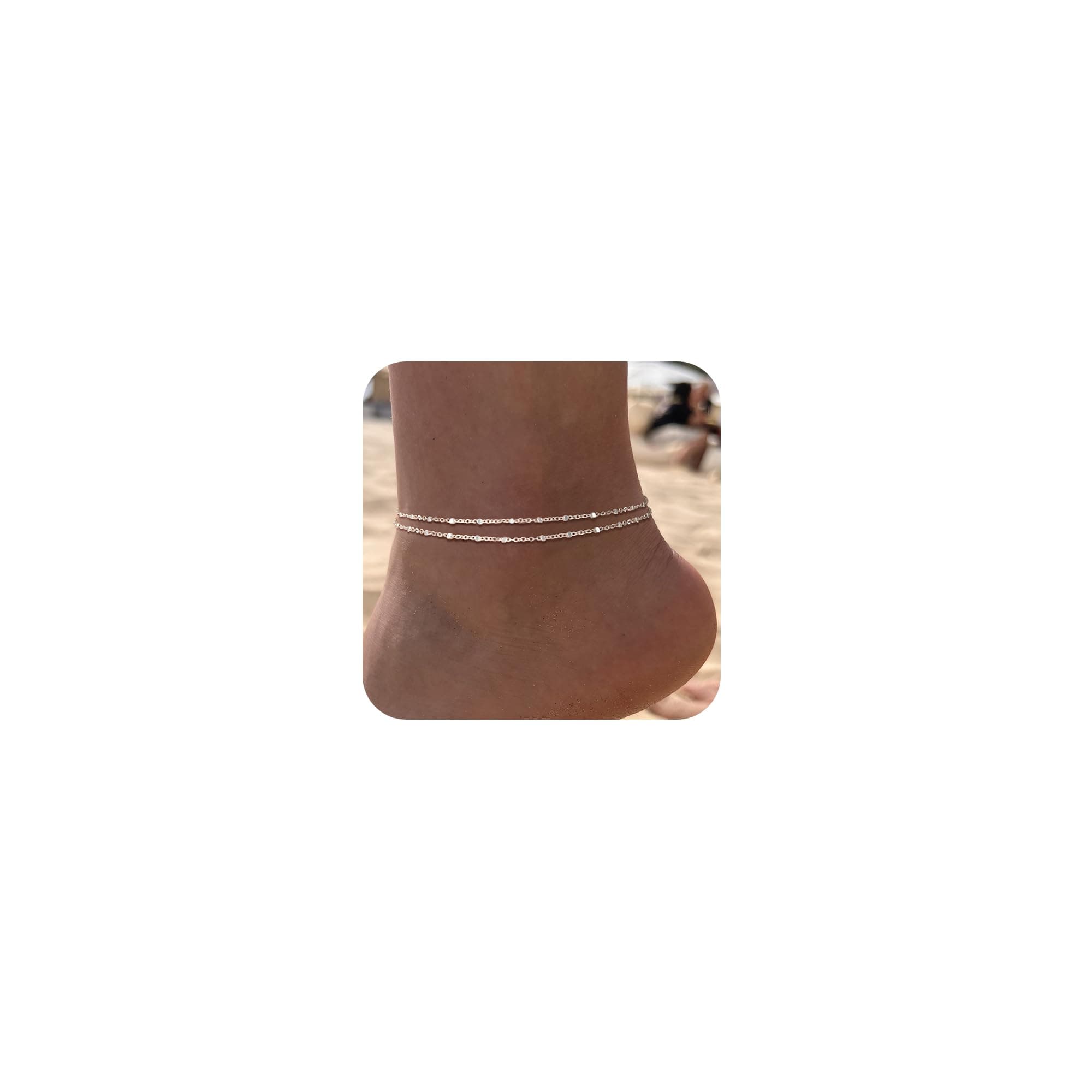 Freekiss Sterling Silver Layered Waterproof Anklet for women Adjustable Beaded Cuban Link Jewelry