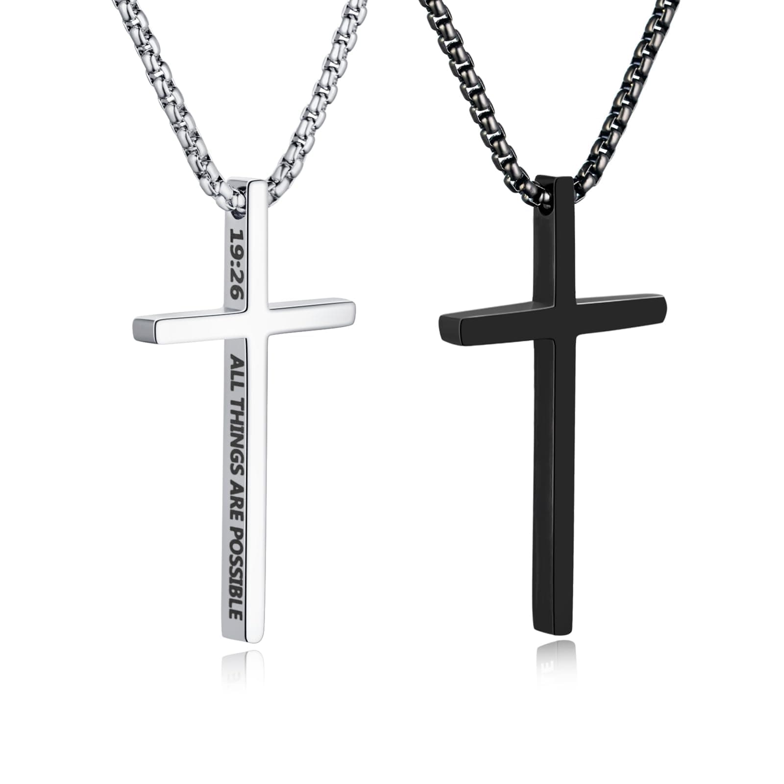 OLARCU Men's Silver & Black Stainless Steel Bible Verse Cross Pendant Necklace