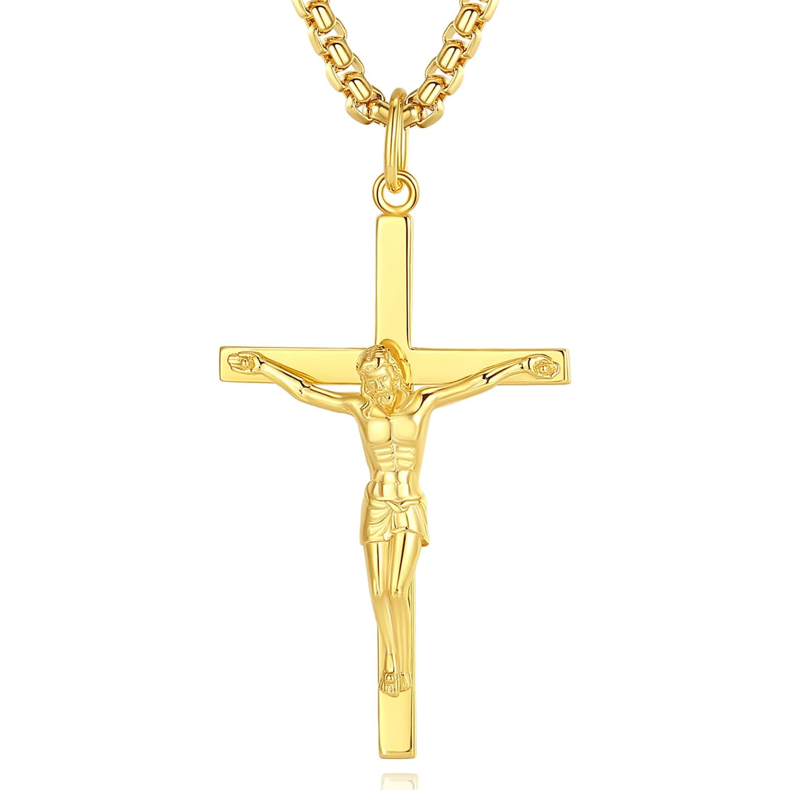 FANCIME Men's Sterling Silver Crucifix Necklace, Strong Stainless Steel Chain, Polished Finery