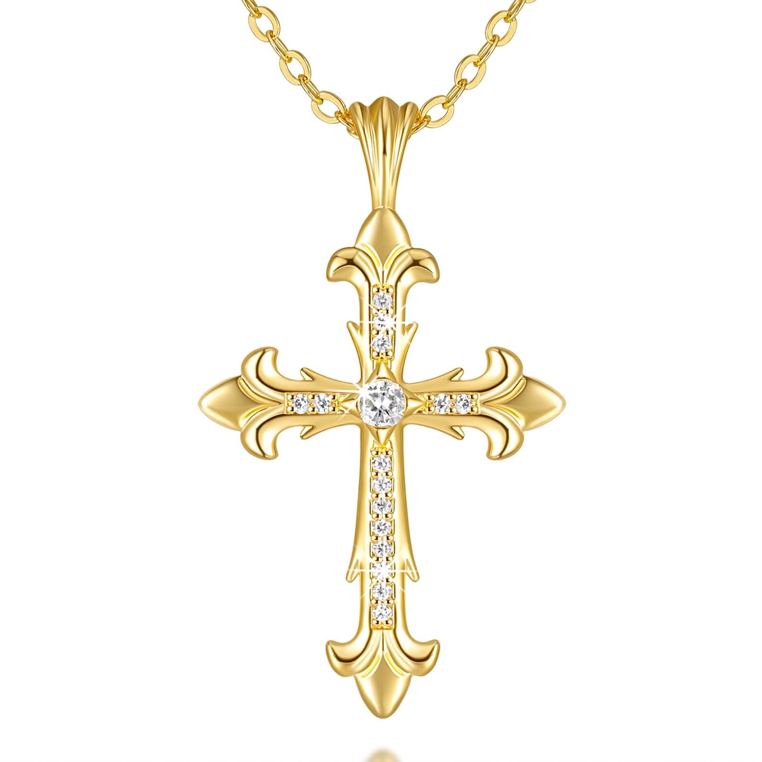 Chantel Yorke 14K Gold Cross Necklace Women's Baroque Pendant CZ Stones 43cm