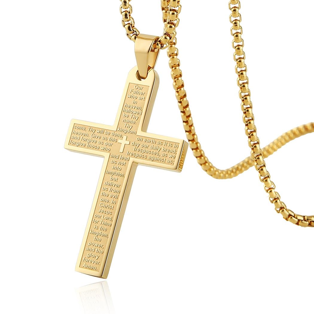 HZMAN Stainless Steel Cross Necklace with Lord's Prayer Pendant, 4 Colors