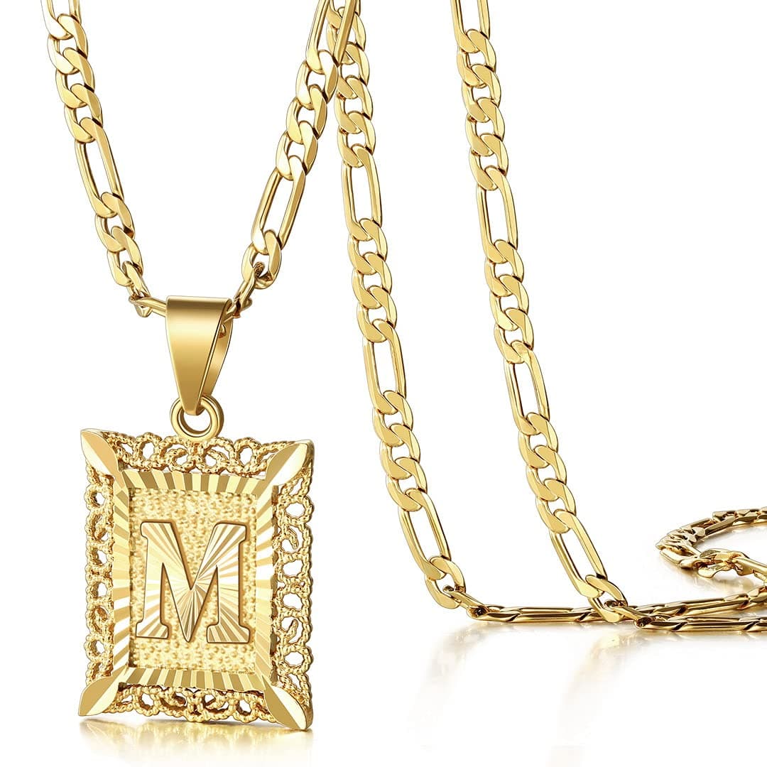 KissYan 14K Gold Plated Square Initial Letter Necklace A-Z Alphabets Figaro Chain