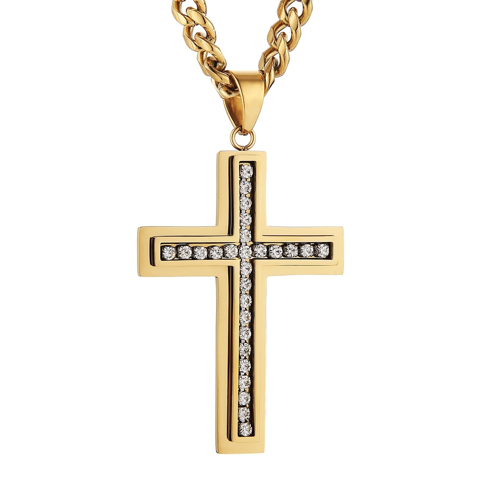 HZMAN Men's Stainless Steel Cross Necklace with CZ Inlay 7mm Cuban Chain 24 inches