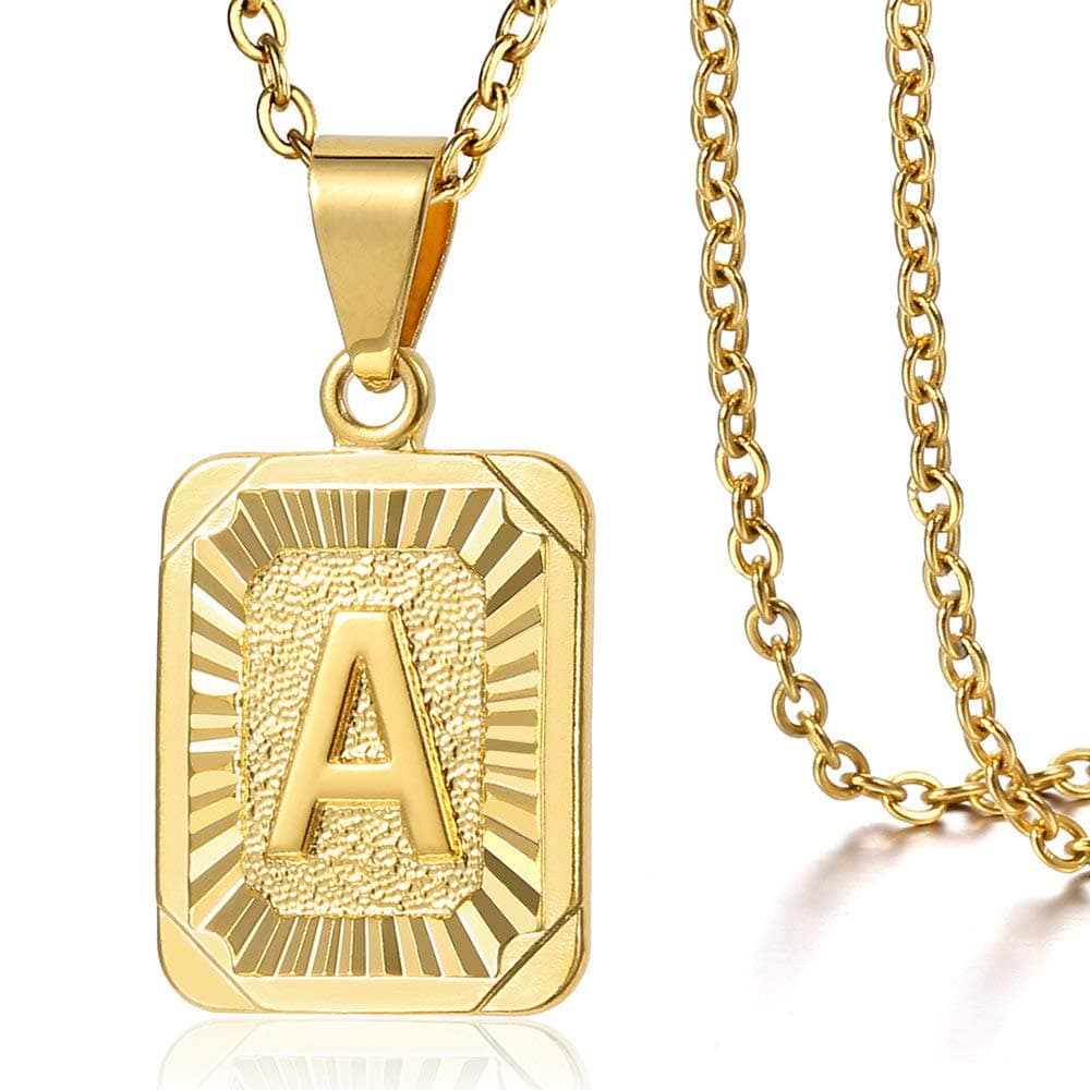 Trendsmax Gold Plated Rectangle Initial Pendant Necklace for Mens and Womens Rolo Chain