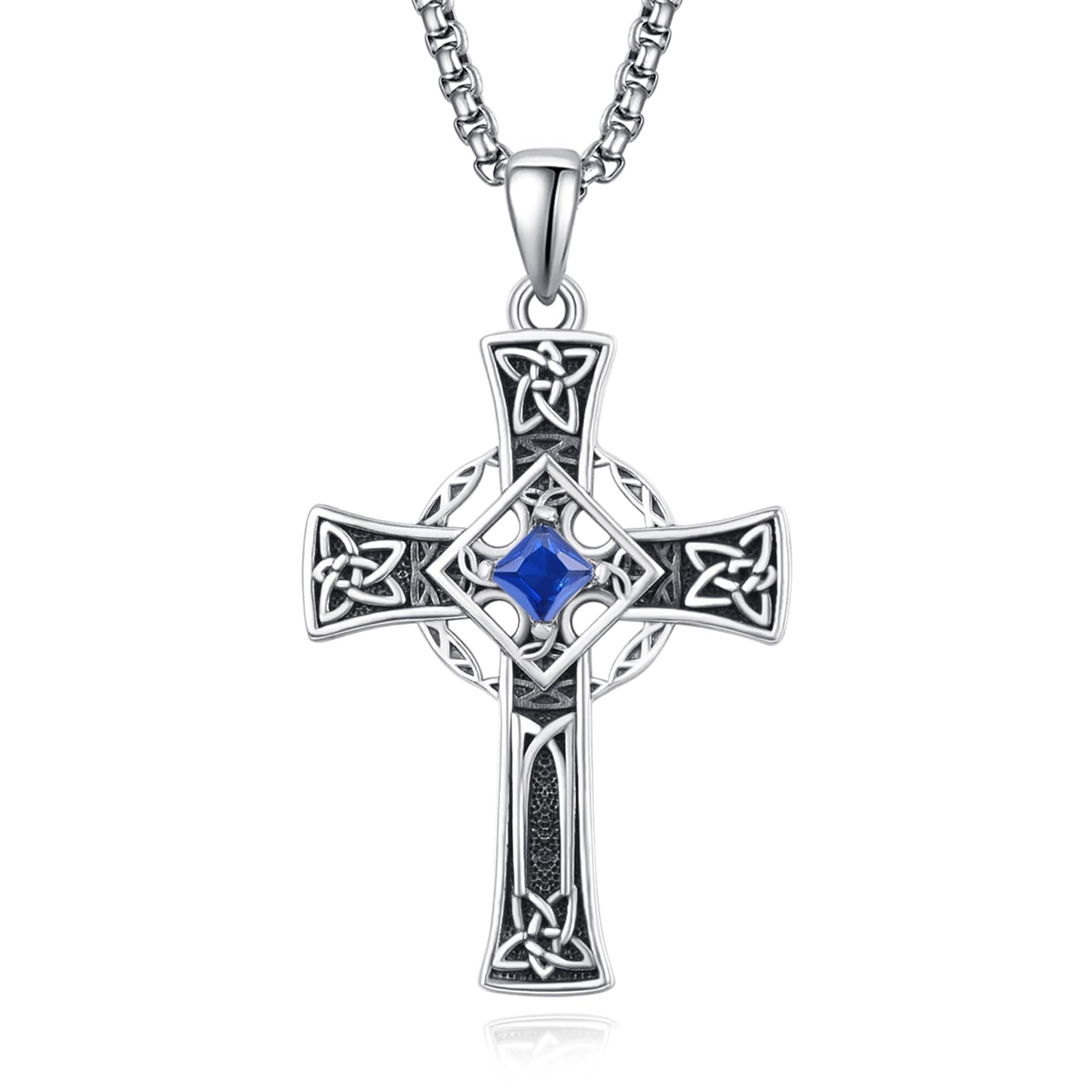 Admetus Sterling Silver Celtic Cross Necklace for Men with Birthstone Chain