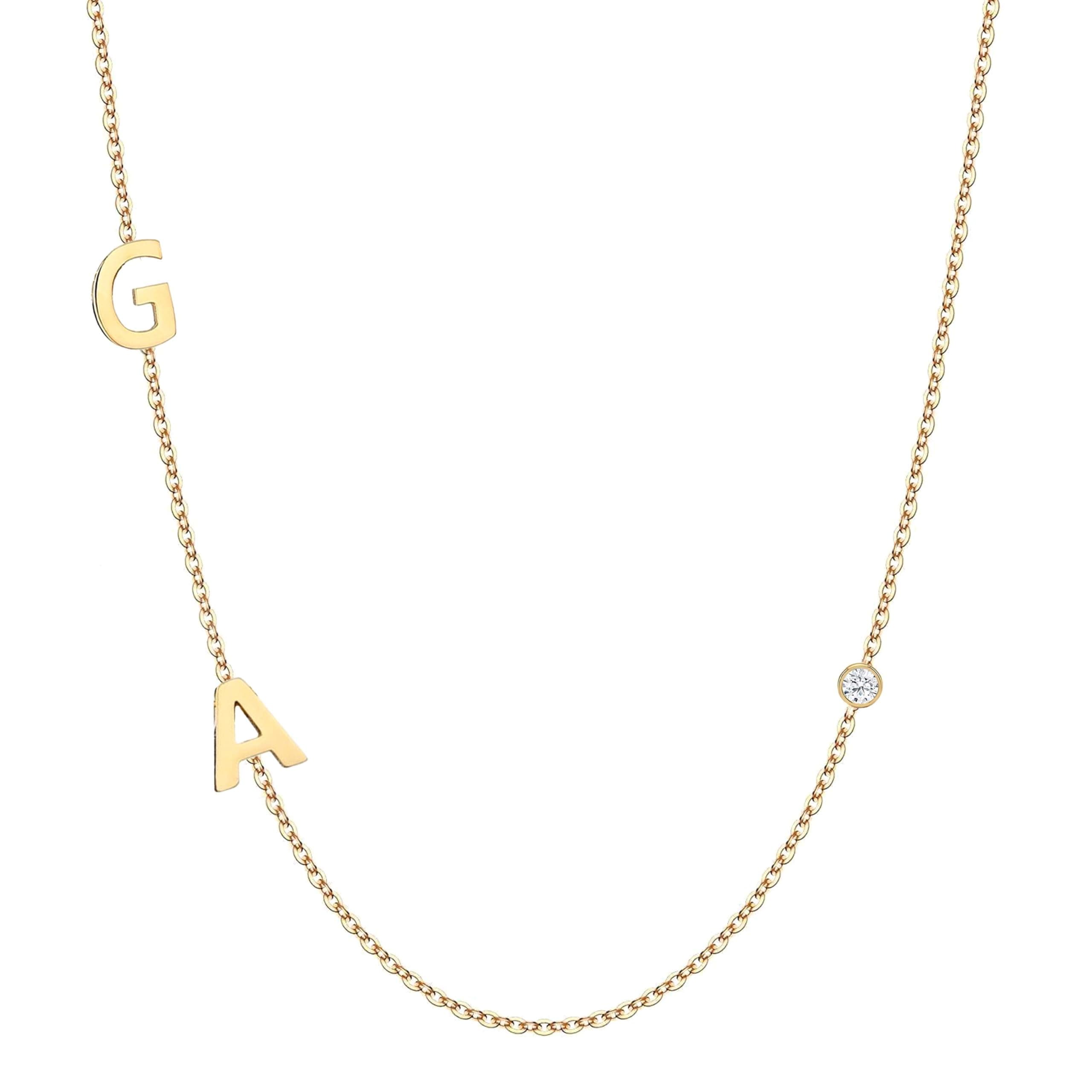 JEWEE 14k Gold Sideways Initial Solitaire Diamond Necklace, Personalized Birthstone Bridesmaid Gift