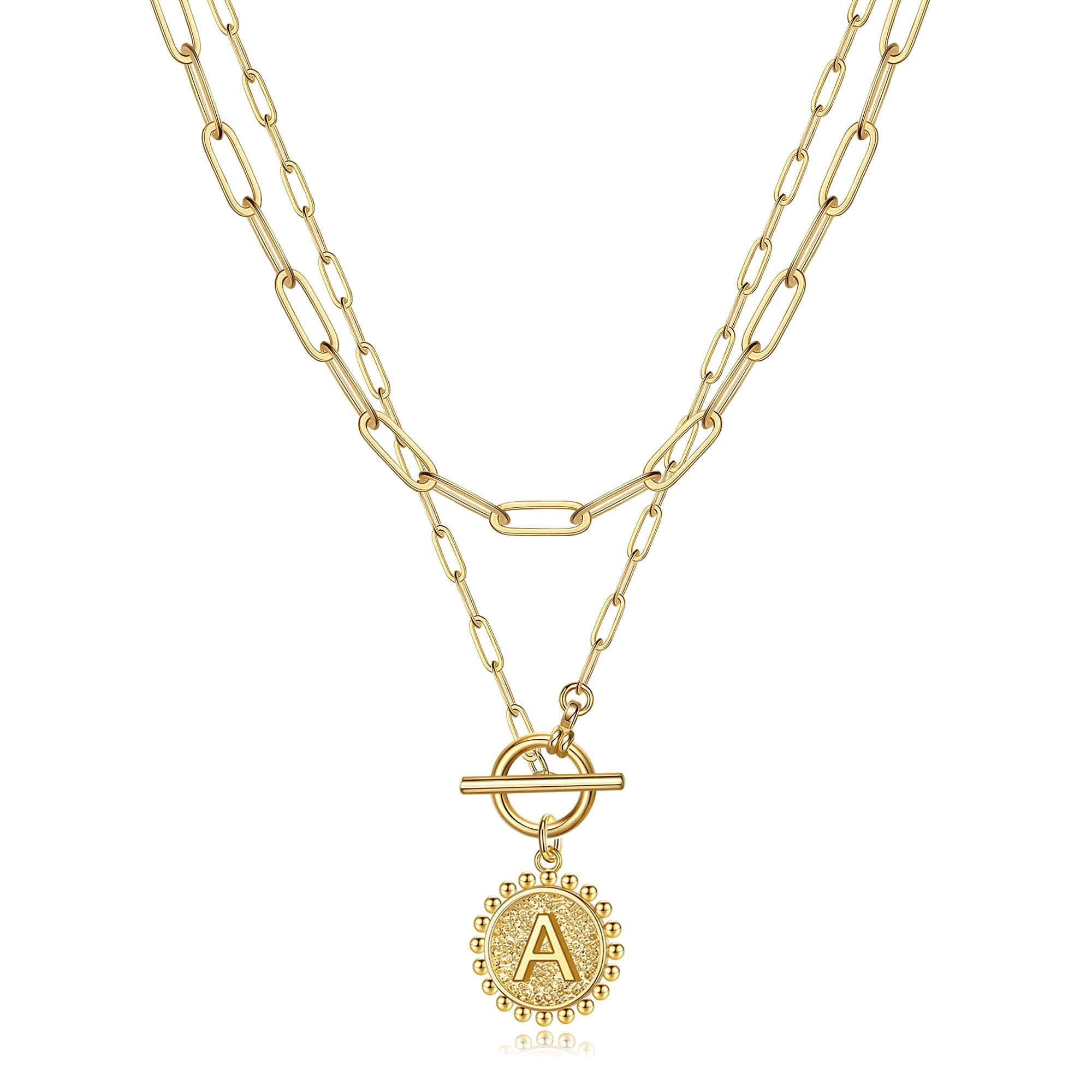 Turandoss 14K Gold Plated Layered Coin Initial Pendant Necklace for Women