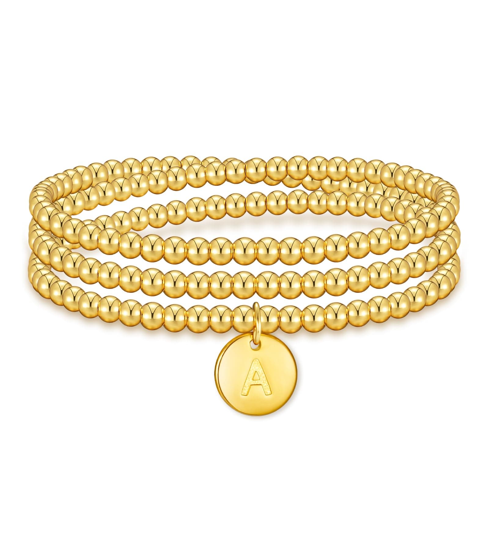Doubgood 18K Gold Plated Beaded Bracelet with Alphabet Pendant