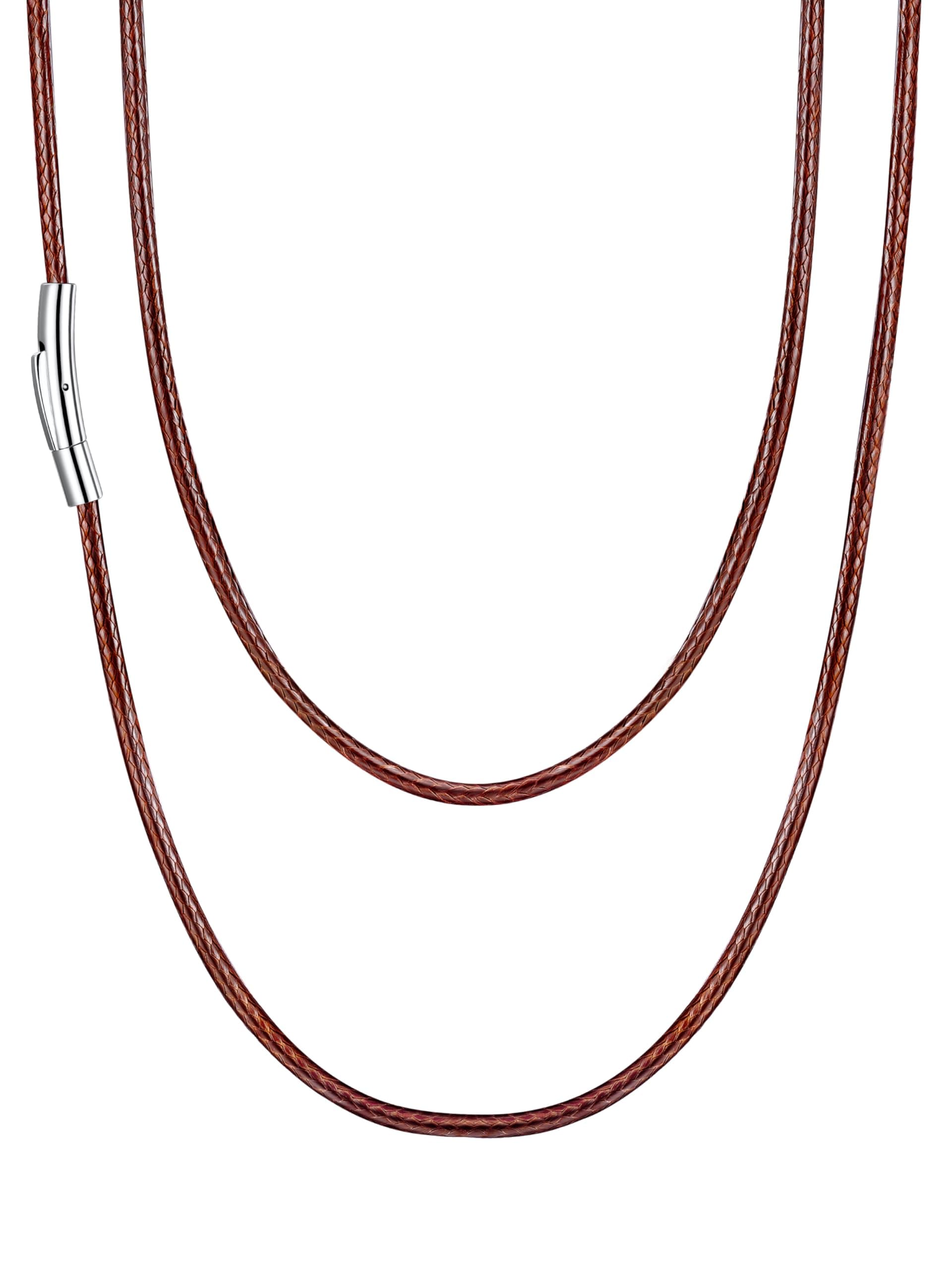 Customizable U7 Leather Cord Necklace - Black/Brown 3mm/2mm, Stainless Steel Clasp, 16-30"