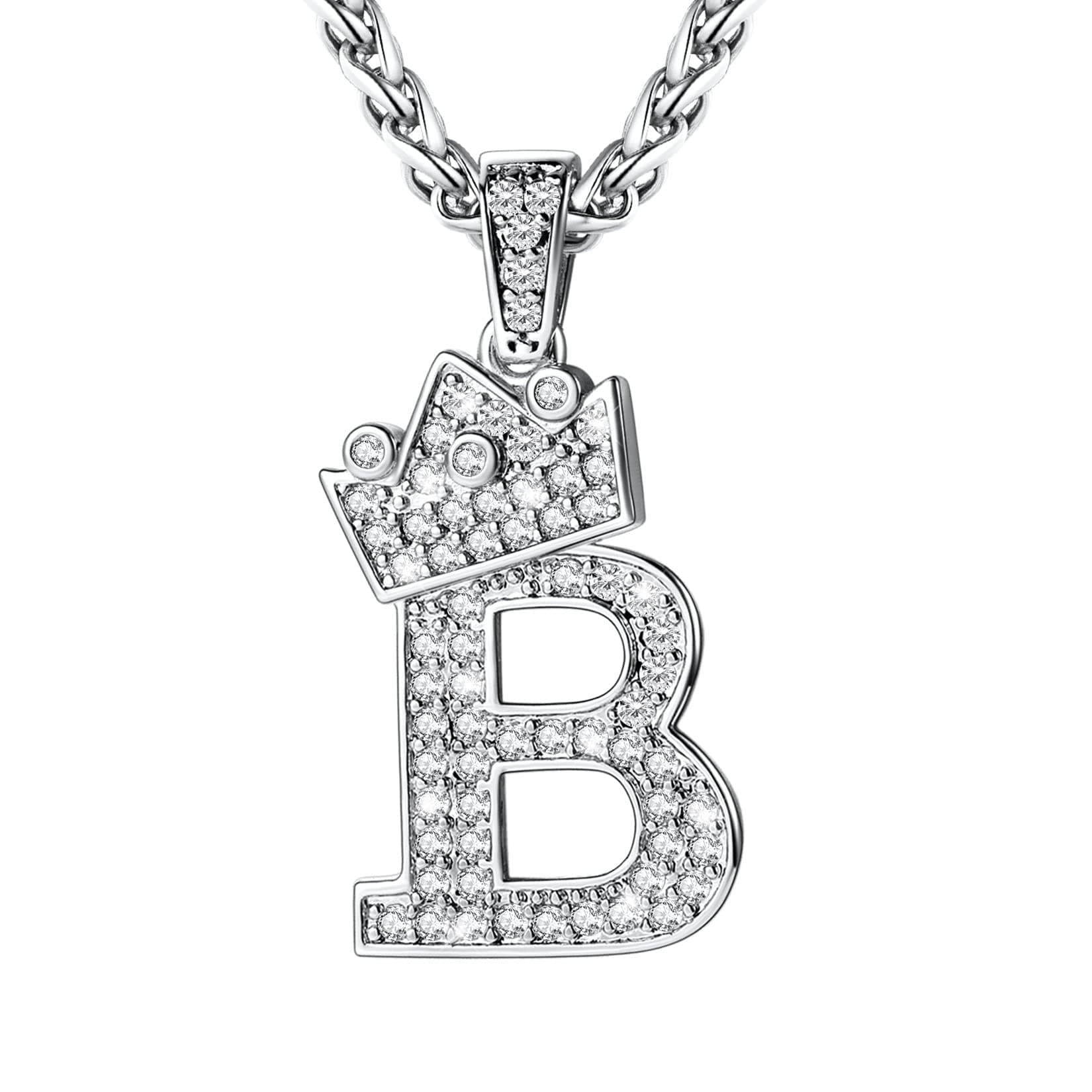 Iced Out U7 Crown Initial Letter Pendant, 22-24 Inch Chain Jewelry, Color Steel, Black, Gold