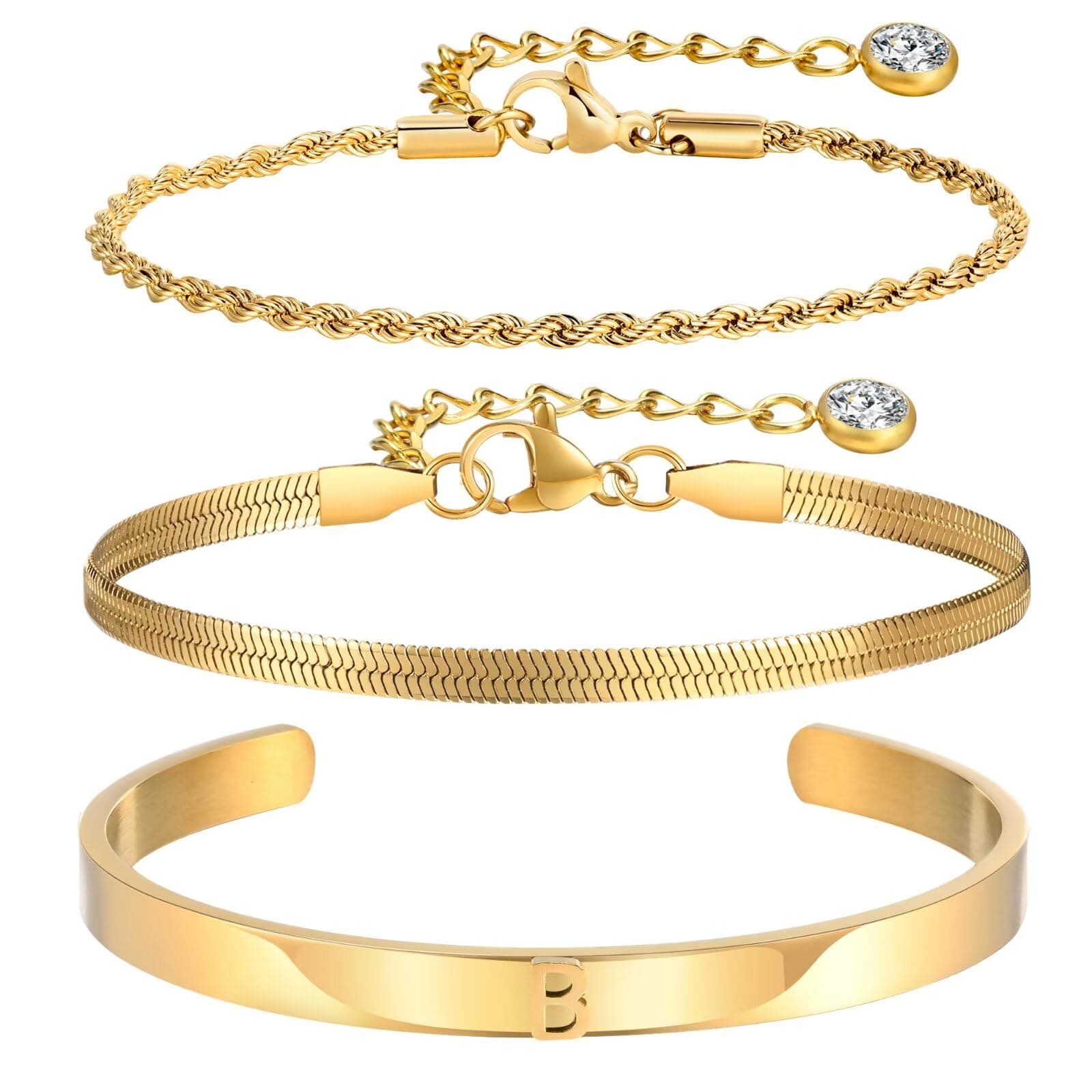 KSF Gold Plated Initial Snake Charm Stackable Bracelet Set for Women