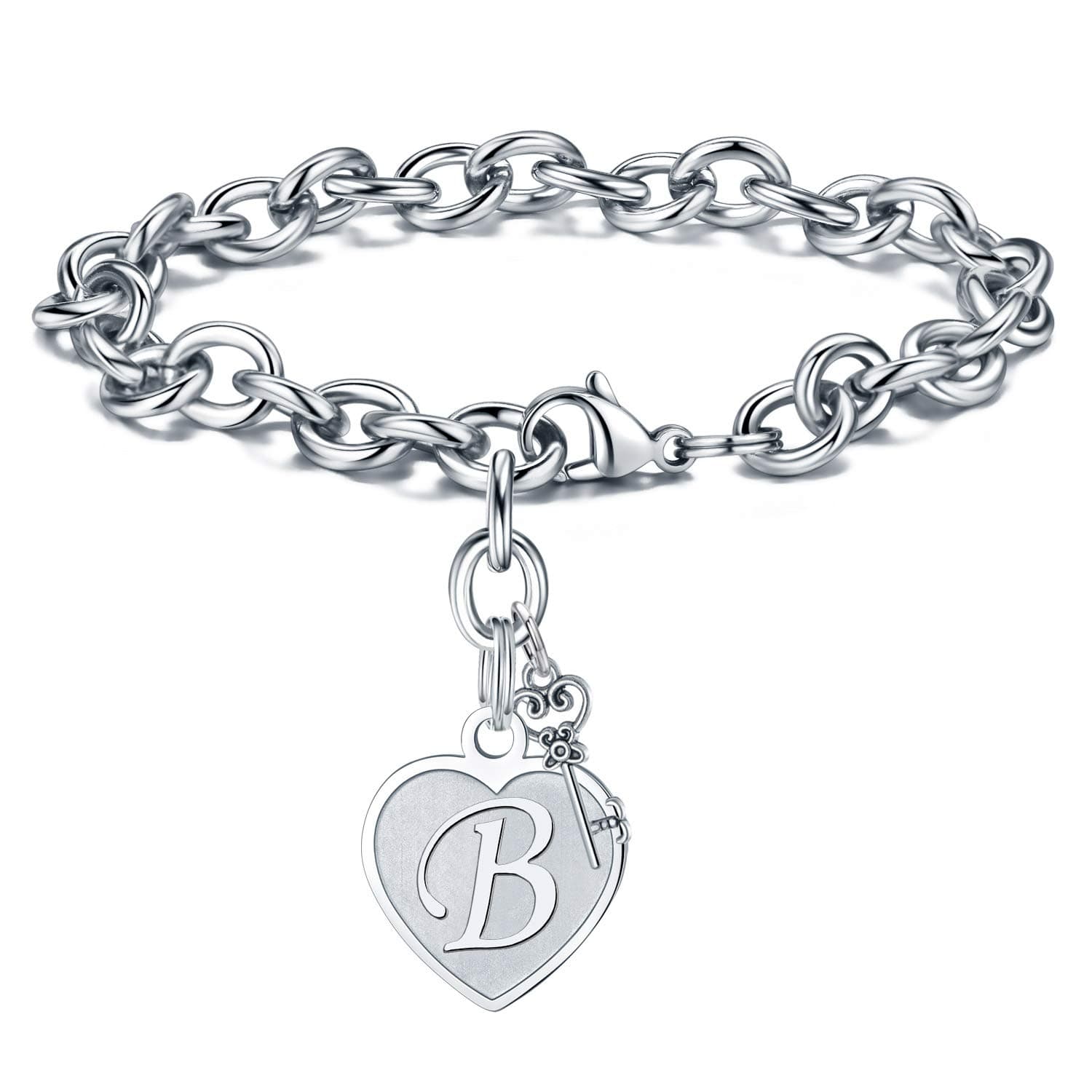 Stainless Steel Engraved Heart Initial Bracelet - Birthday Christmas Gift for Women & Teen Girls