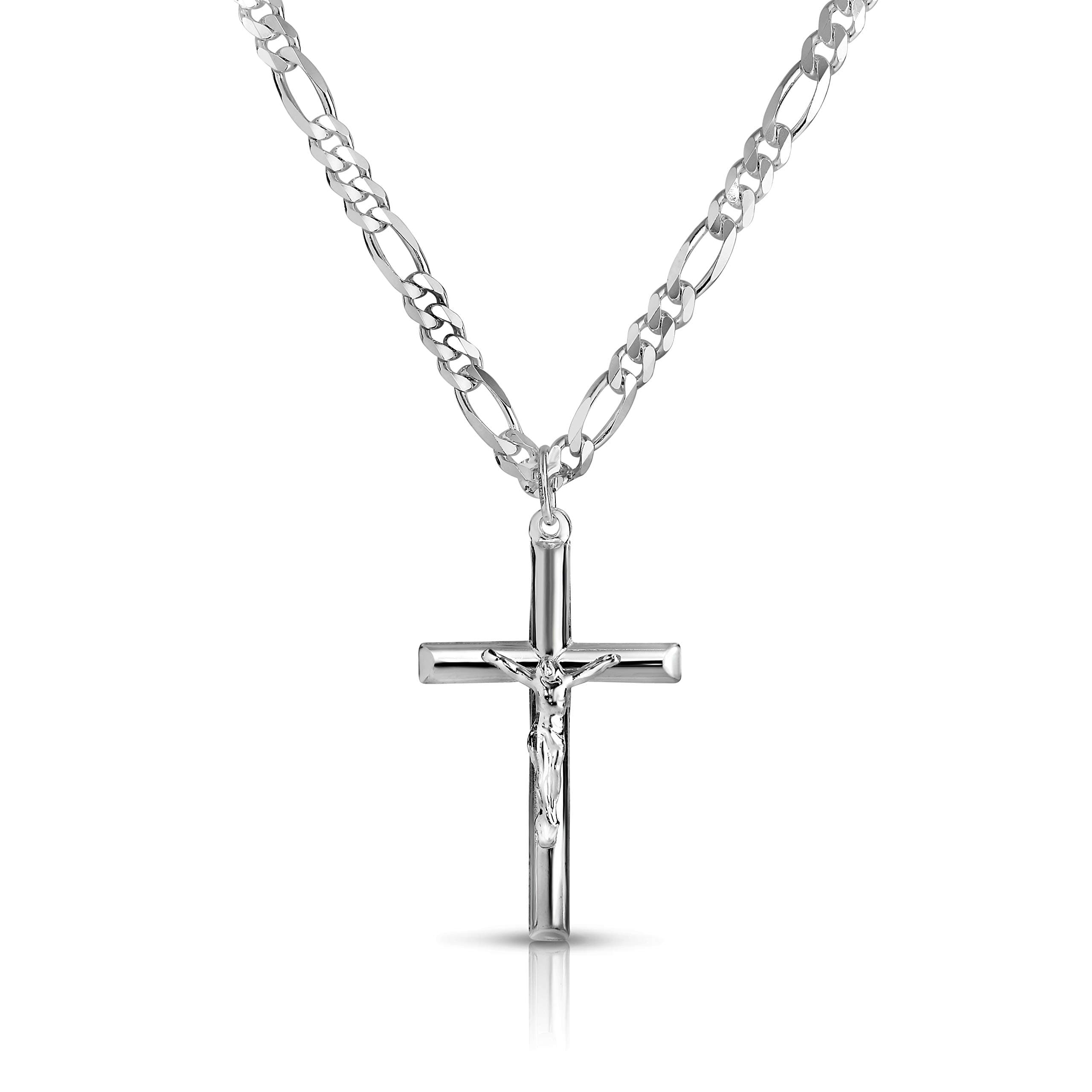 Verona Jewelers 24" Stainless Steel Figaro Chain Necklace with Silver Crucifix Pendant
