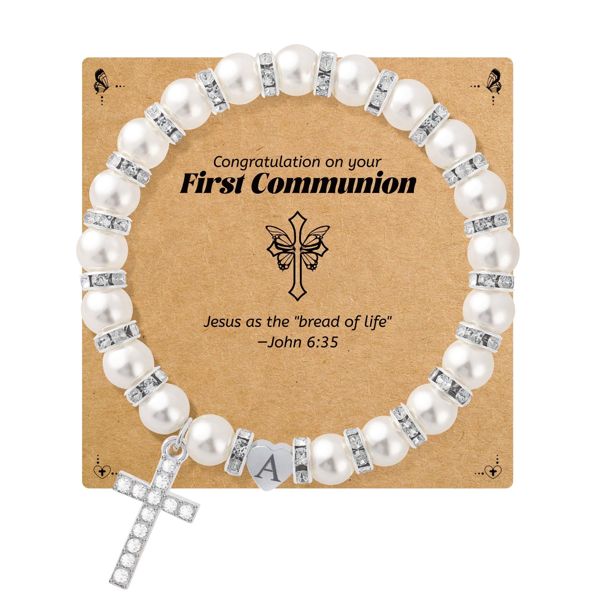 BAYLAY Cross Bracelet & Pearl Initial A-Z for First Communion Girls