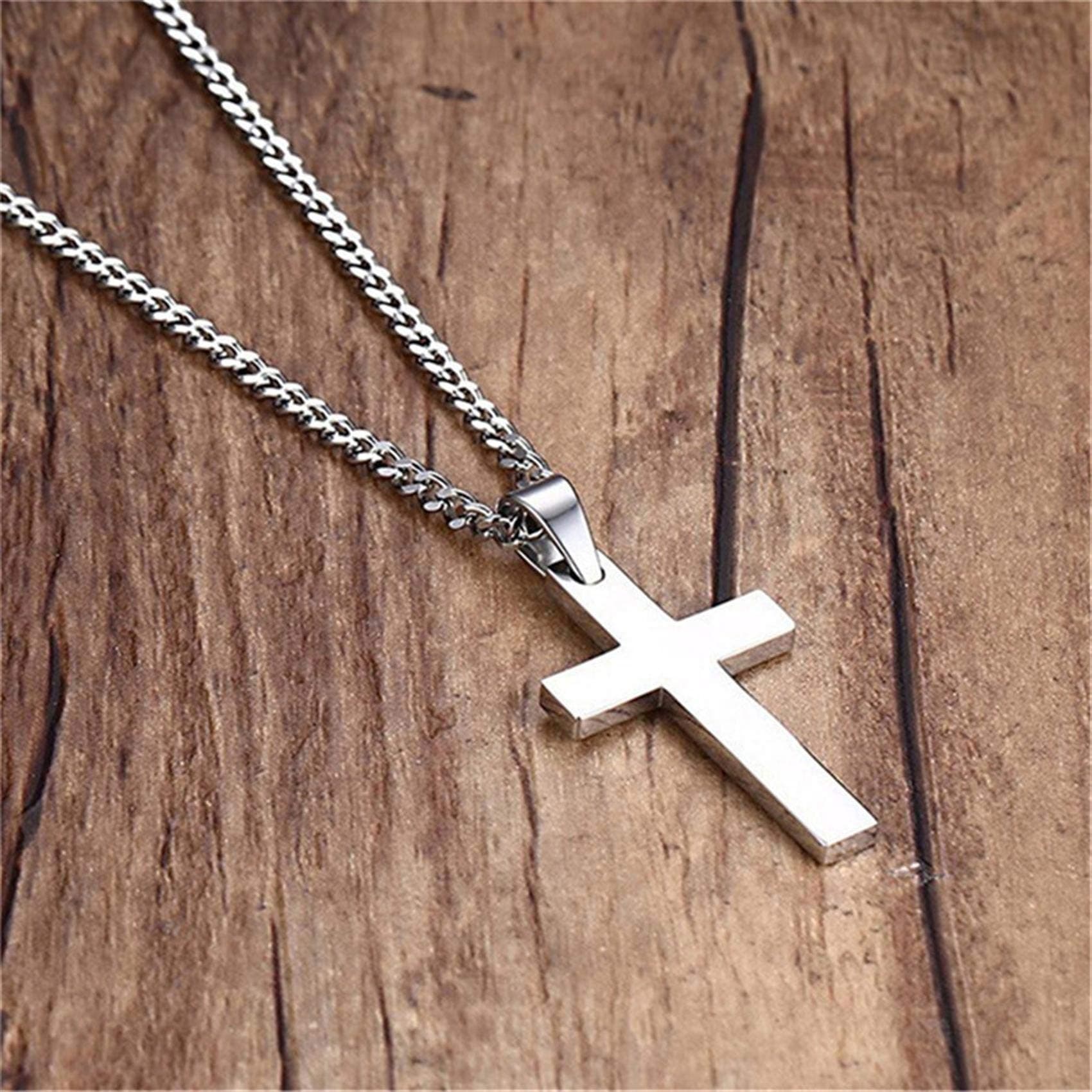 Men's Silver Titanium Cross Necklace Plain Pendant Chain