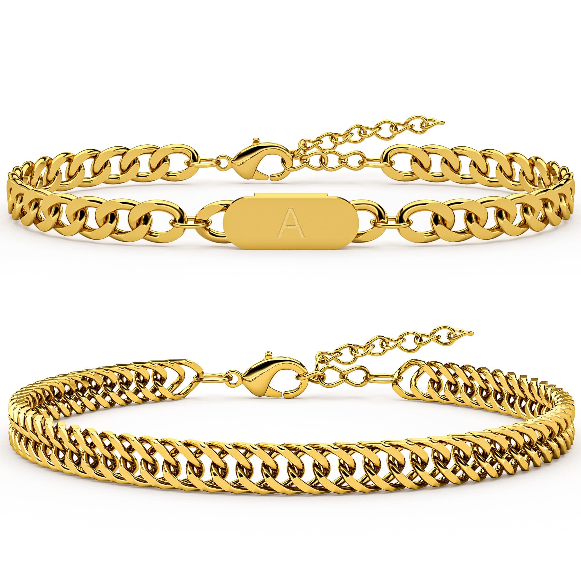 AOSPkle 2PCS Initial Letter Cuban Bracelet Set Gold Stainless Steel for Men Women